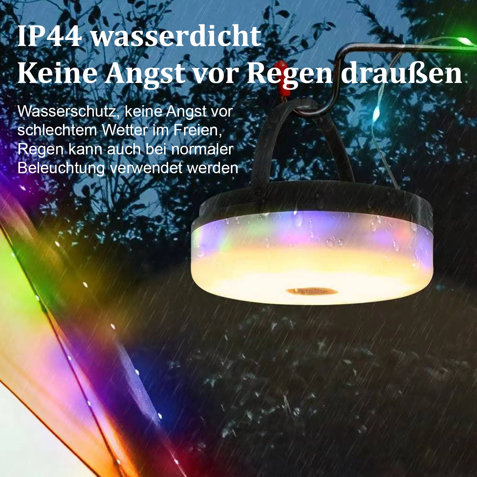 Eine Solarleuchte hängt und regnet in Regenbogenfarben. Der Text lautet IP44 wasserdicht, keine Angst vor Regen draußen.