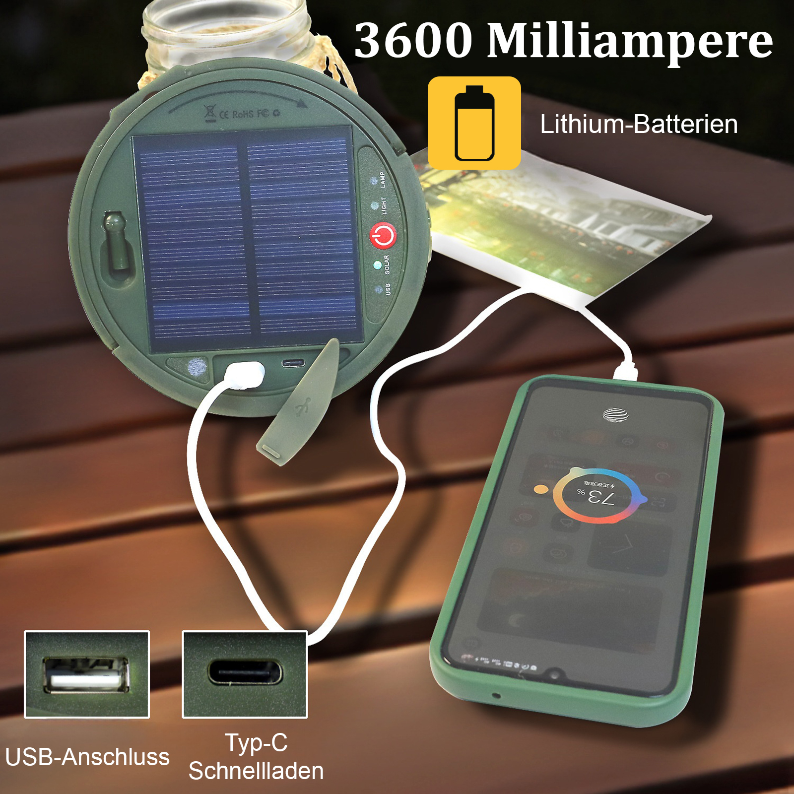Eine solarbetriebene Leuchte lädt ein Telefon auf. Die Leuchte hat einen USB-Anschluss und einen Typ-C-Anschluss. Text: Lithium-Batterien.