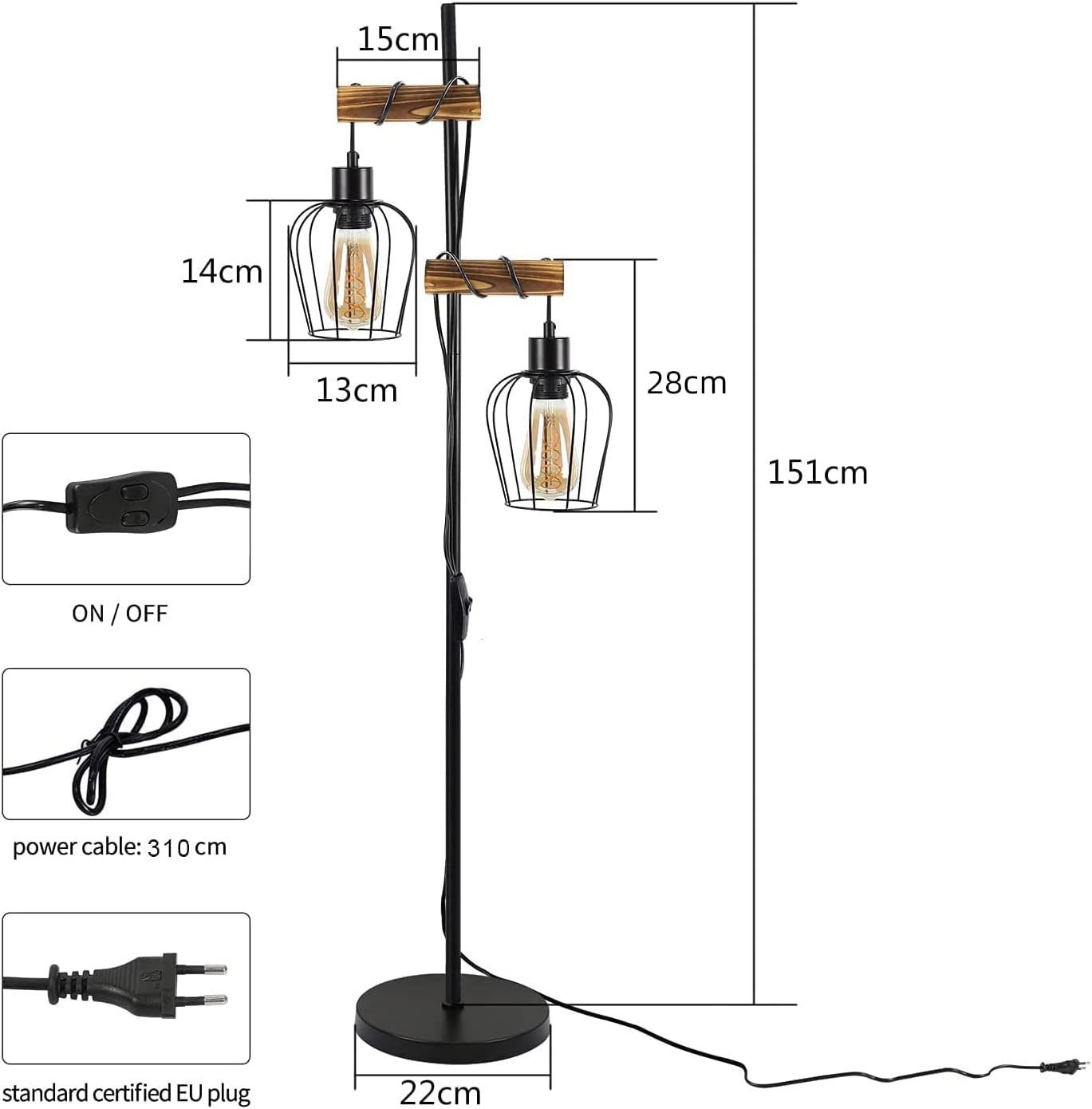 Diagramma di una lampada da terra, con dimensioni, interruttore e cavo di alimentazione. Due luci a gabbia.