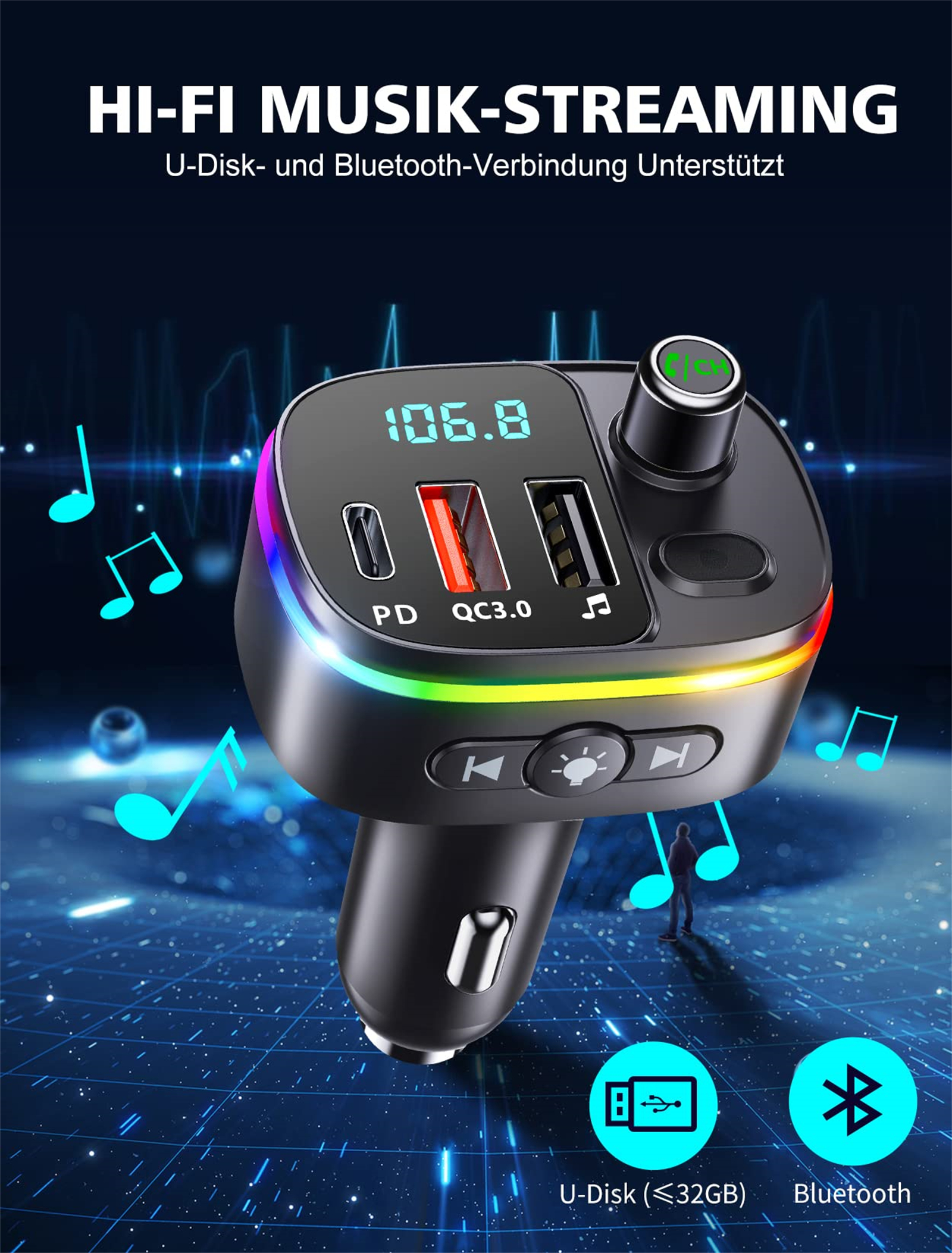 Auto-Bluetooth-Gerät mit Bildschirm, Knöpfen und USB-Anschlüssen. Noten und blauer Hintergrund mit Lichtstreifen.