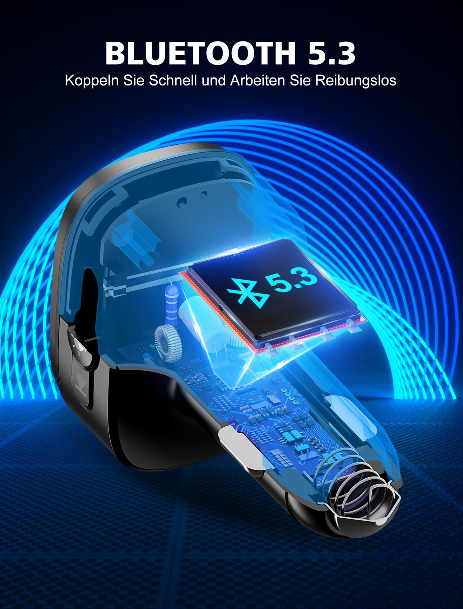 Transparente Bluetooth-Gerät mit blauen Lichtstreifen. Zeigt interne Komponenten. Blaues und schwarzes Farbschema.