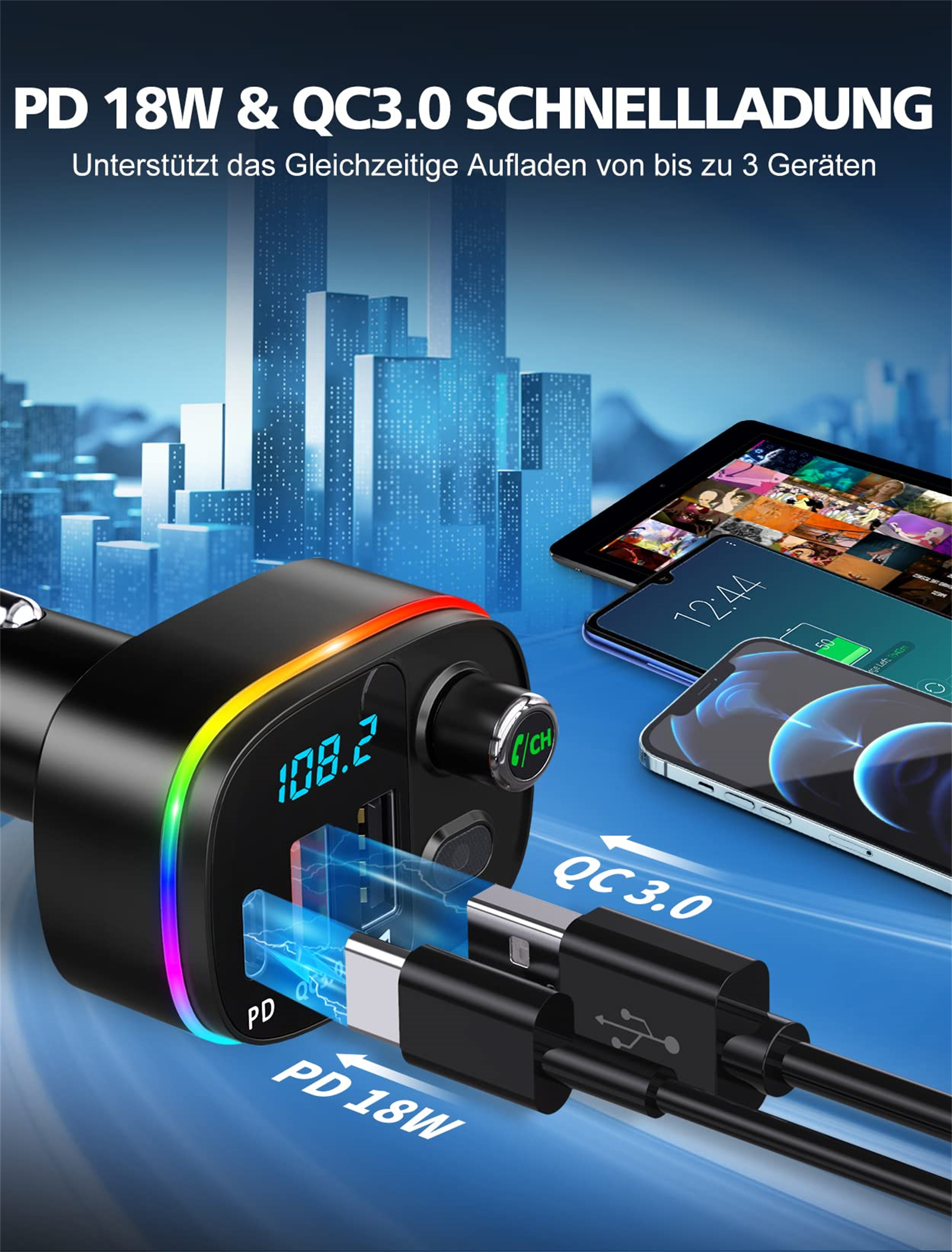 Autogerät mit Ladekabeln, die an Telefone und Tablets angeschlossen sind. Zeigt USB-Anschlüsse und Bildschirm mit Zahlen.