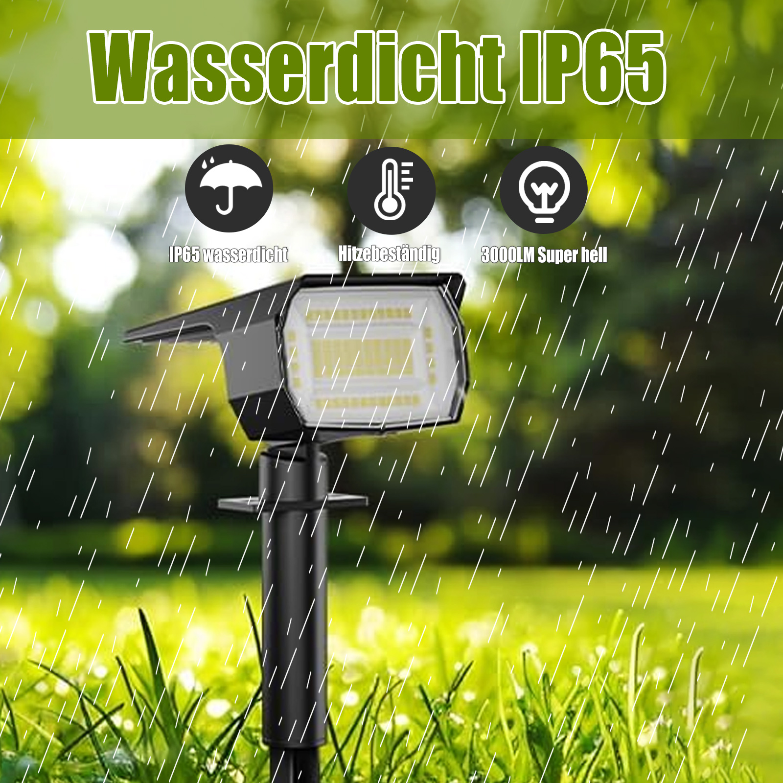Solar-LED-Strahler im Regen, mit grünem Gras-Hintergrund. Symbole für wasserdicht, hitzebeständig und Helligkeit.