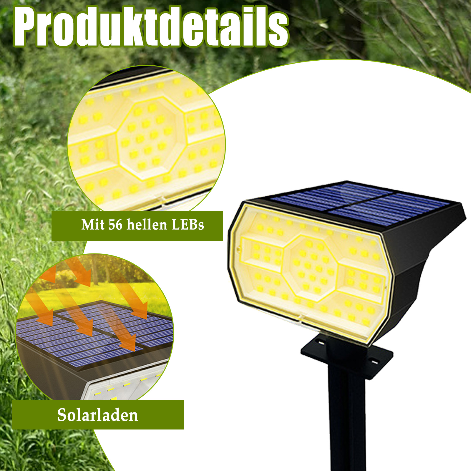 Solar-LED-Strahler-Details: Solarpanel und 56 LEDs. Nahaufnahmen von Solarpanel und LED-Leuchten. Grüner Hintergrund.