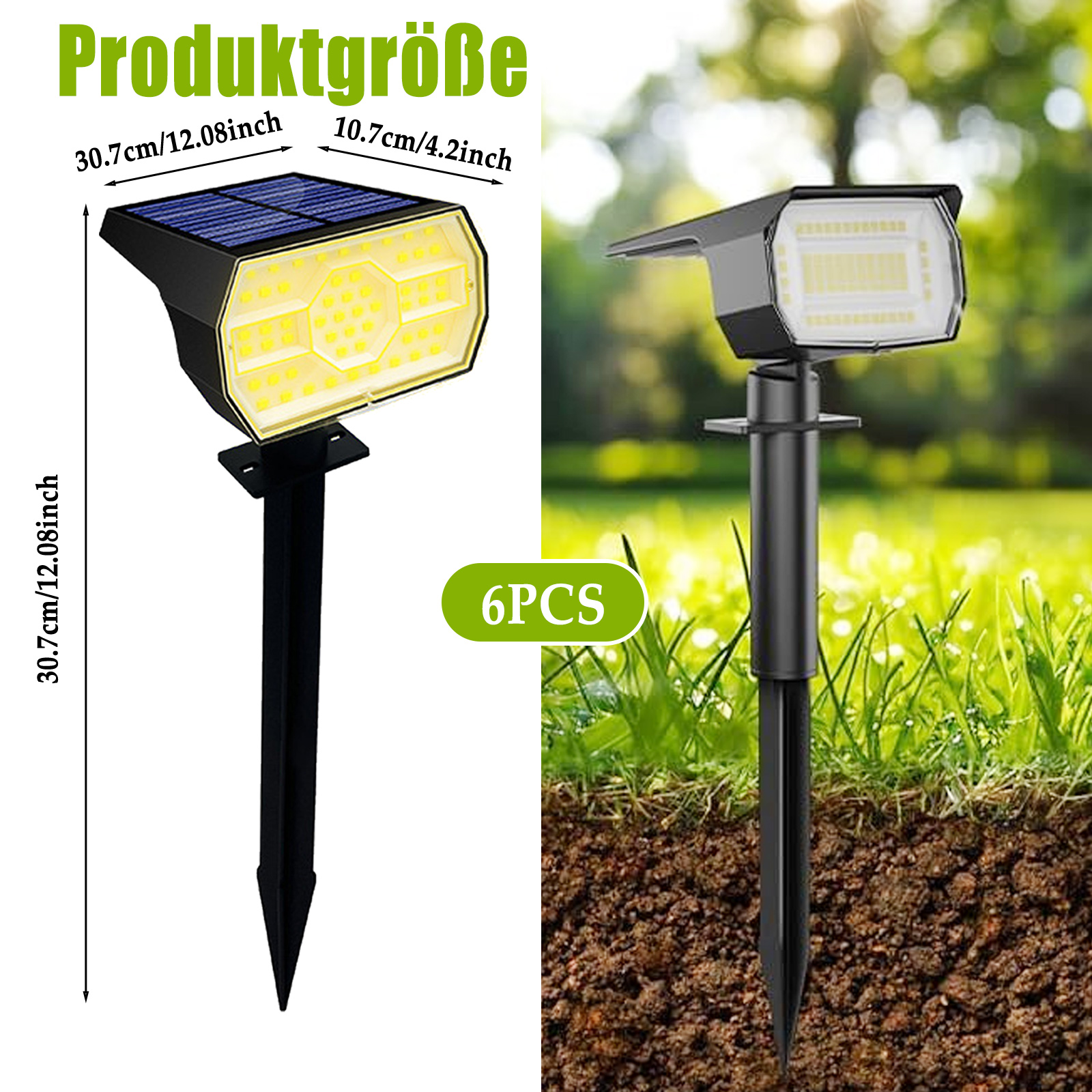Zwei schwarze Solar-Gartenleuchten mit Abmessungen. Eine leuchtet im Gras, die andere im Boden. Text: 6PCS.