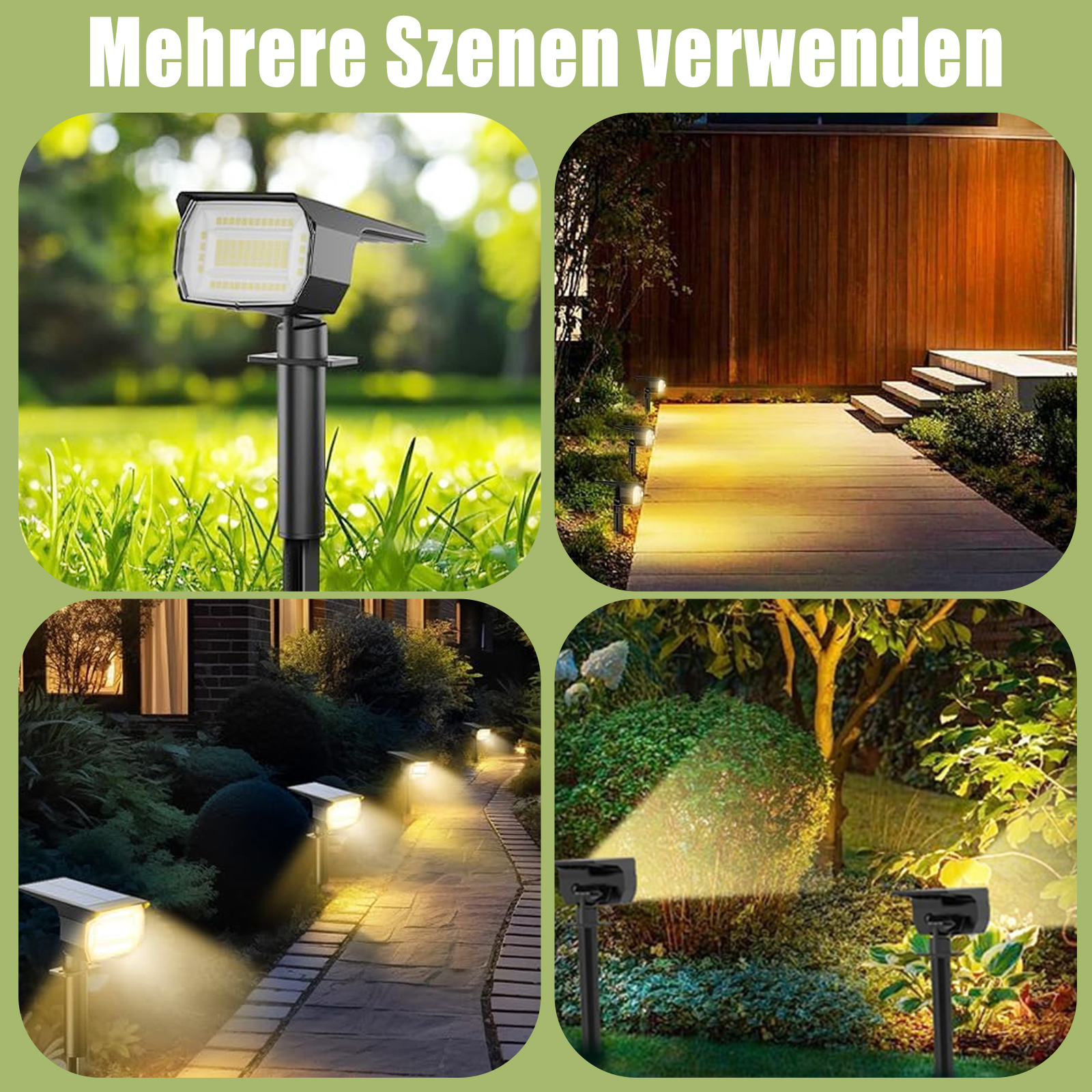 Solar-LED-Strahler in verschiedenen Szenen: Hof, Holzterrasse, Weg. Grünes Gras und Holz-Hintergrund.