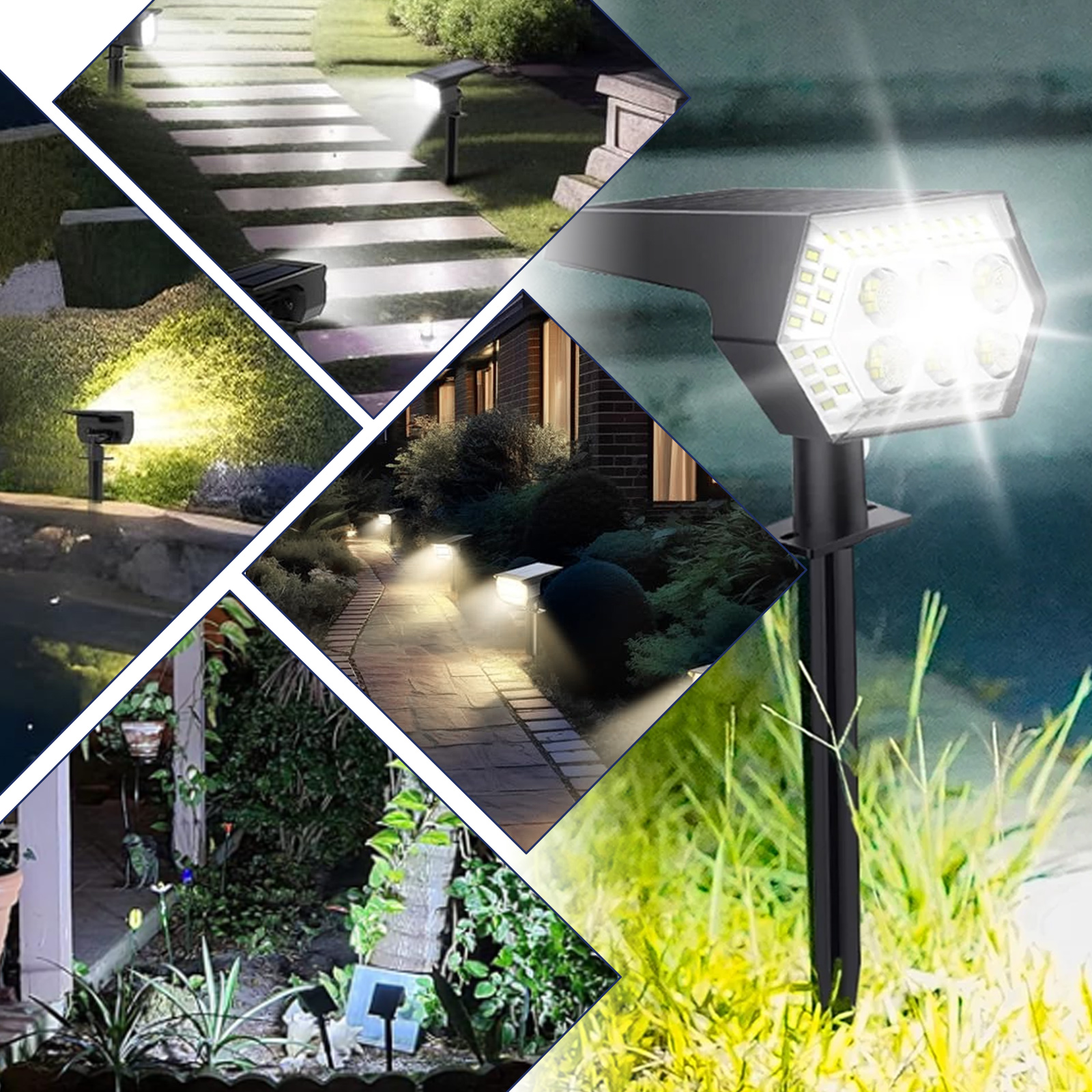 Eine Collage von Solar-Gartenleuchten in verschiedenen Umgebungen, die ihre Helligkeit und Designvarianten zeigen.