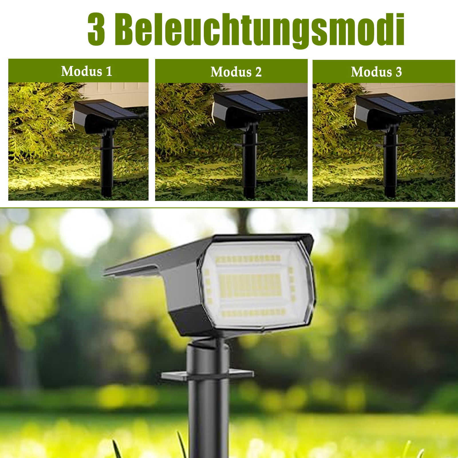Drei Modi von Solar-Gartenleuchten werden gezeigt, die verschiedene Lichtintensitäten und Effekte im Garten zeigen.