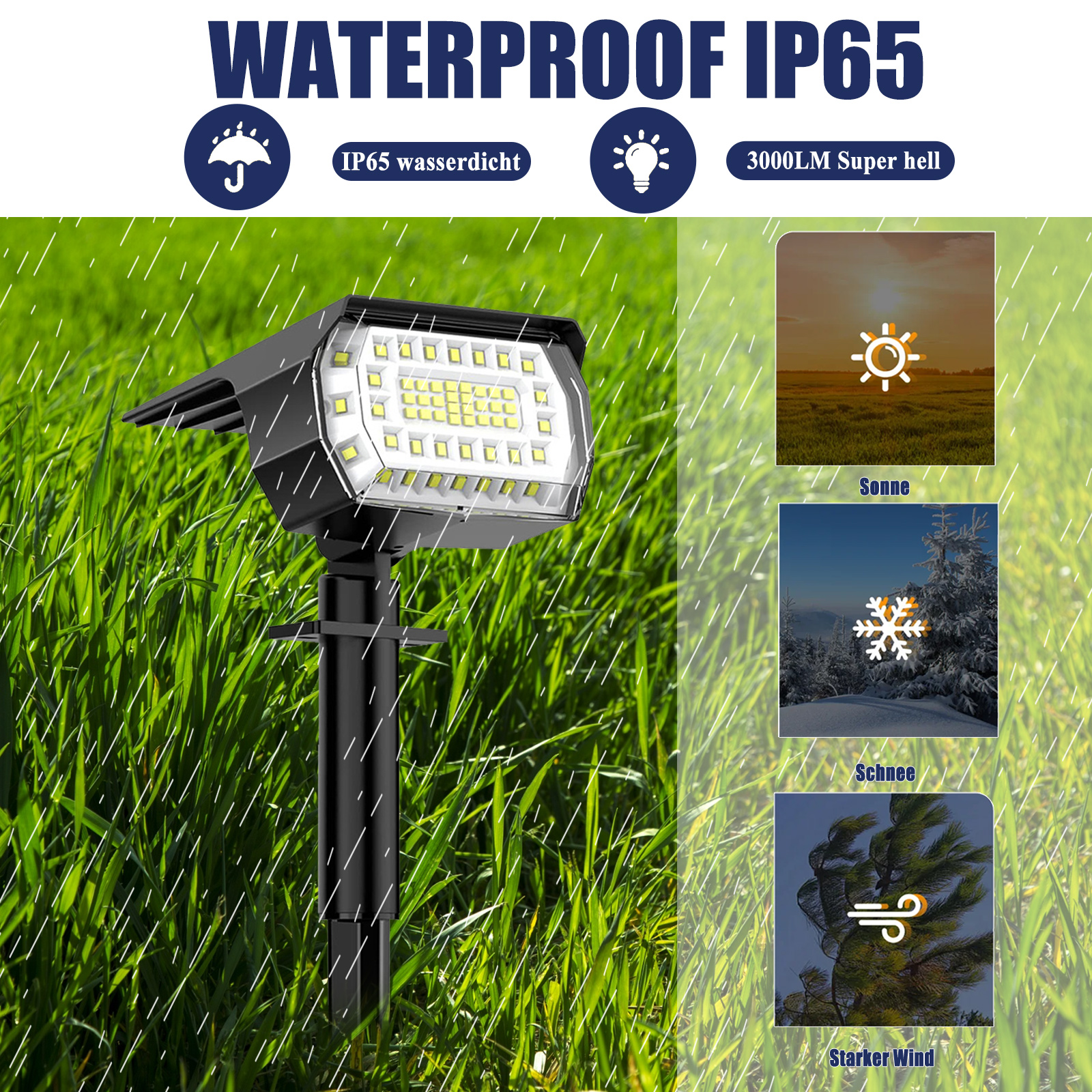 Schwarze Solarleuchte auf grünem Gras. Text oben. Symbole von Regenschirm, Glühbirne und Wasser.