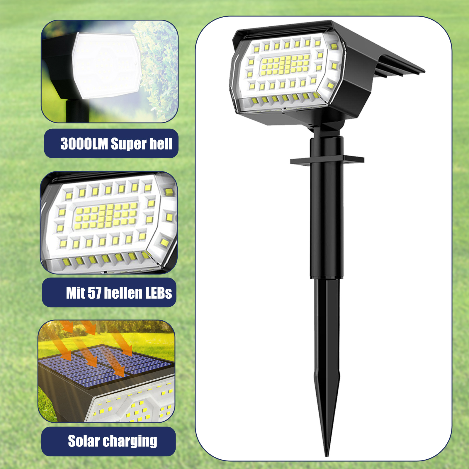 Solar-Gartenleuchte mit Details zur Helligkeit und zum Aufladen. Zeigt 57 LEDs und Solarladung. Auf grünem Gras.