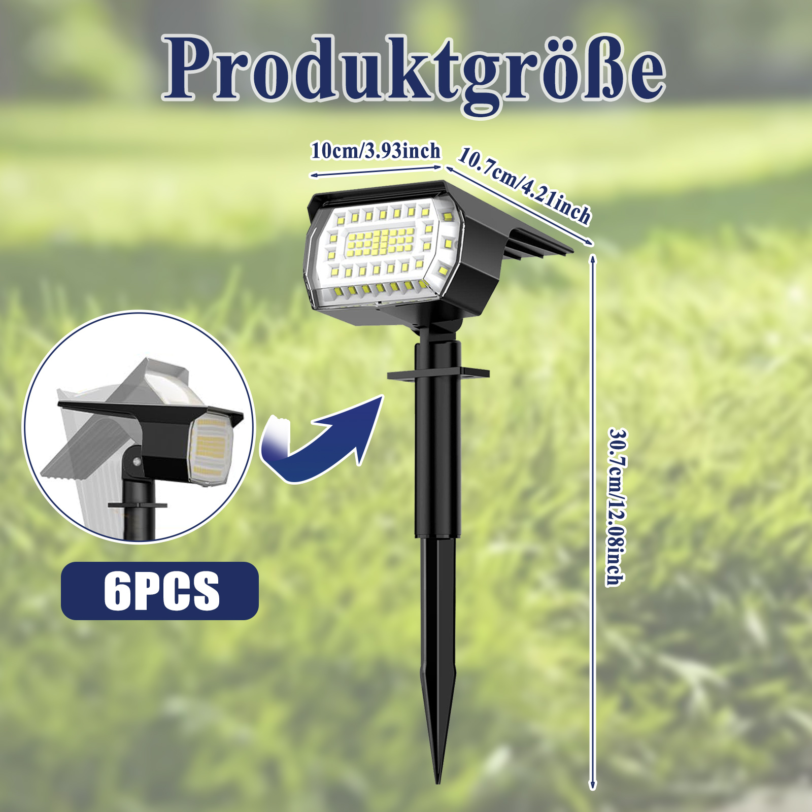 Solar-Gartenleuchte mit Produktdetails. Zeigt Abmessungen und 6 Stück. Auf grünem Gras.
