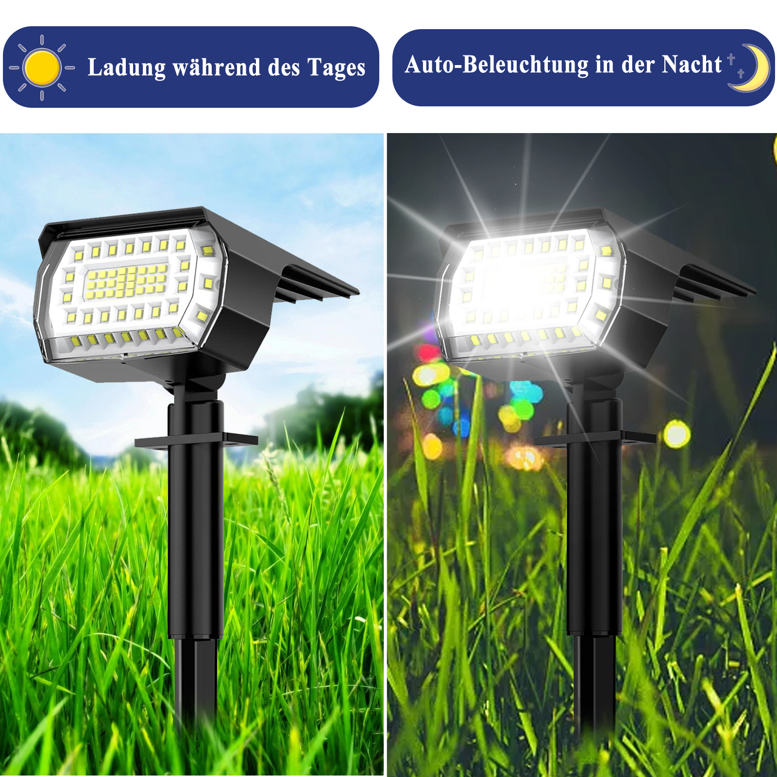 Solarlicht, das tagsüber geladen wird und sich nachts automatisch einschaltet. Das Licht steht auf grünem Gras.