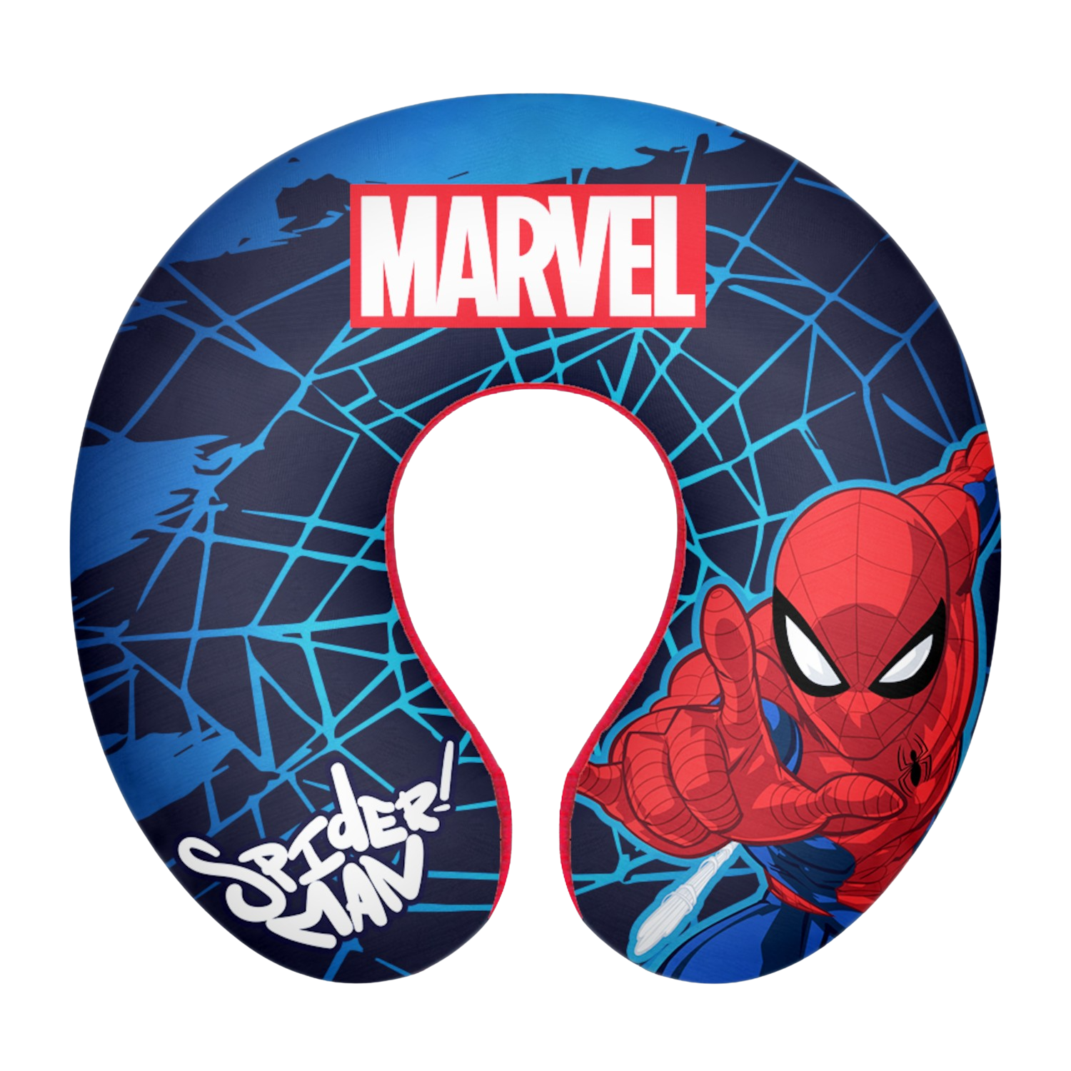 Ein blaues und schwarzes Marvel Spider-Man Nackenkissen. Das Kissen hat eine Spider-Man-Grafik.