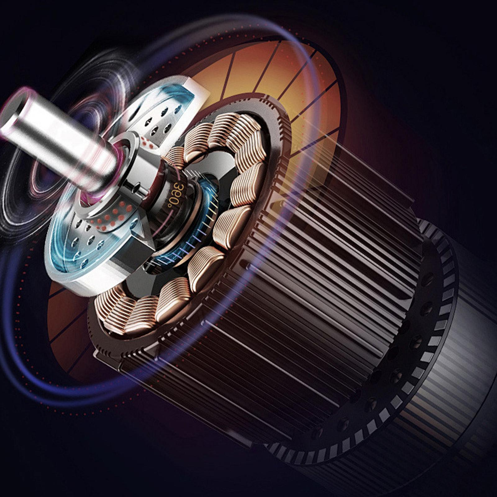 Eine Nahaufnahme der inneren Komponenten eines Motors, die Kupferspulen und andere mechanische Teile zeigt.