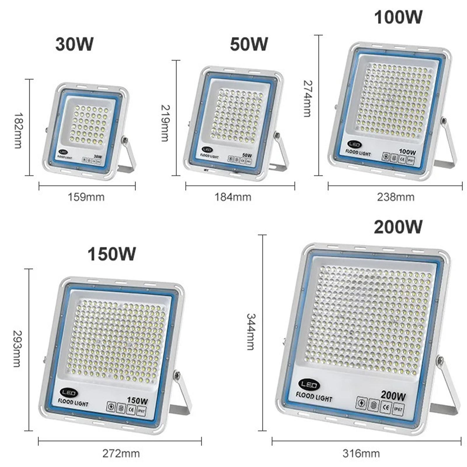 Verschiedene LED-Flutlichter mit unterschiedlichen Größen und Wattzahlen, gekennzeichnet als 30W, 50W, 100W, 150W und 200W.
