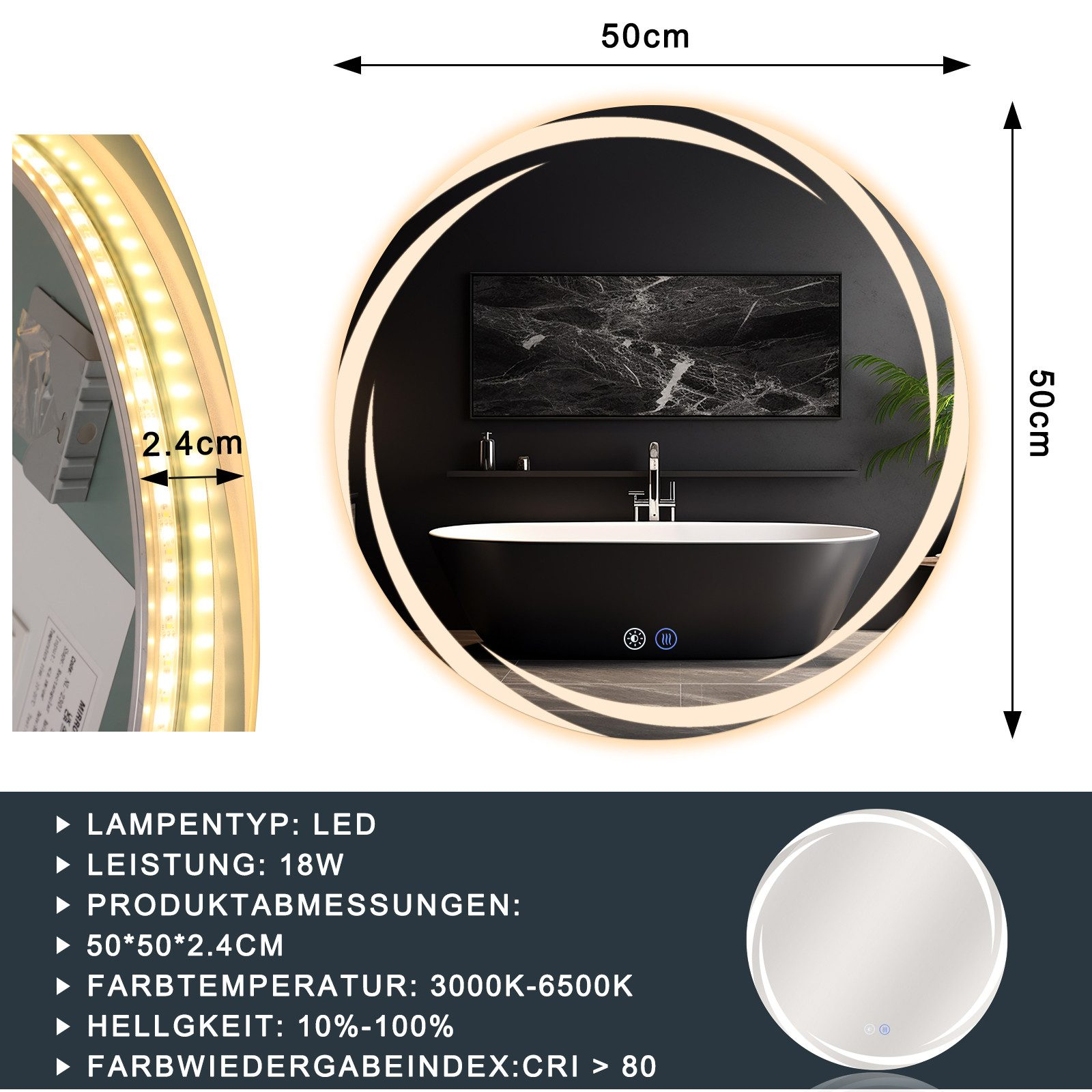 Ein Spiegel mit LED-Lichtern. Er zeigt Abmessungen, Größe und technische Daten. Der Hintergrund ist schwarz.