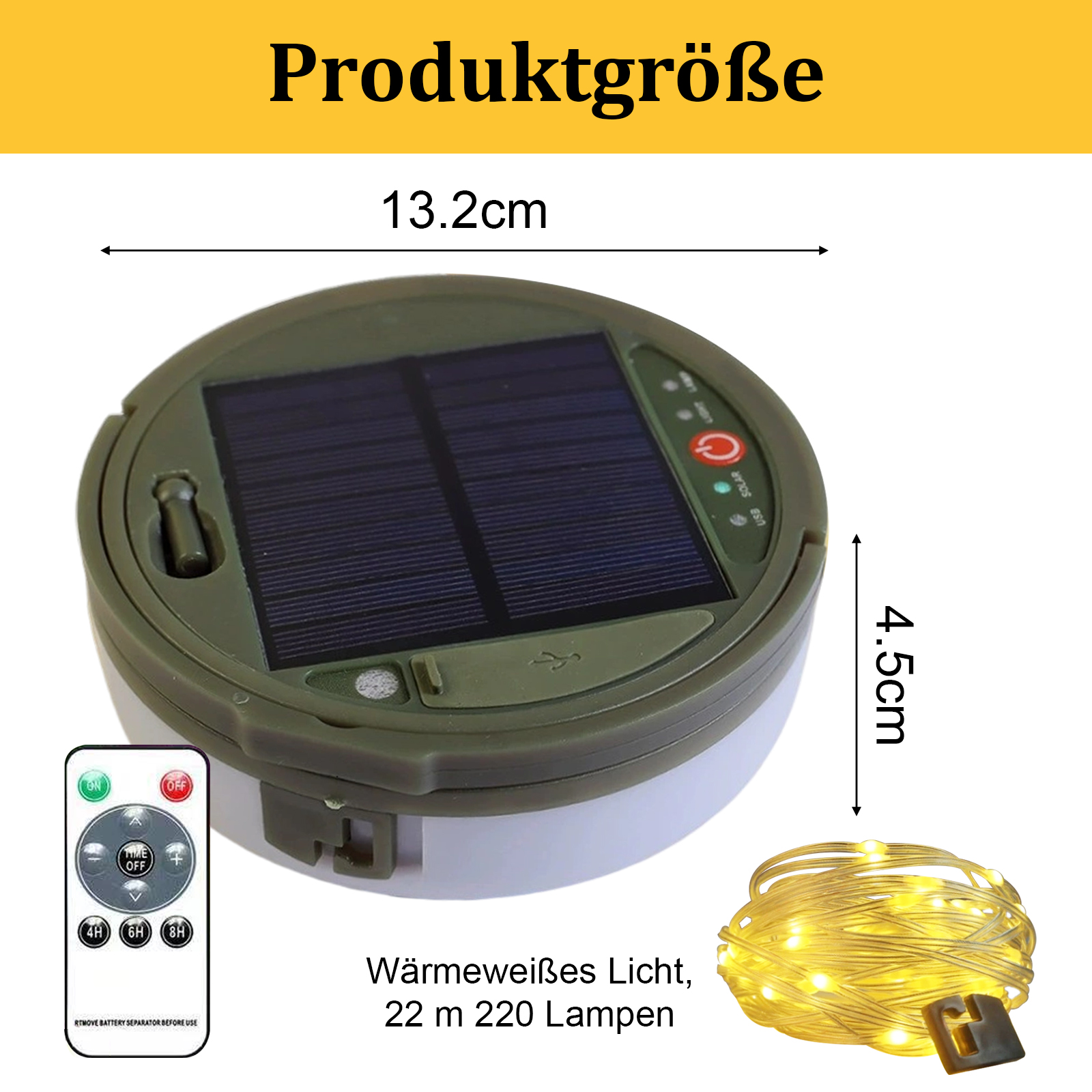 Solar-Lichtset mit Abmessungen. Enthält ein Solarpanel und eine Kette warmweißer Lichter.