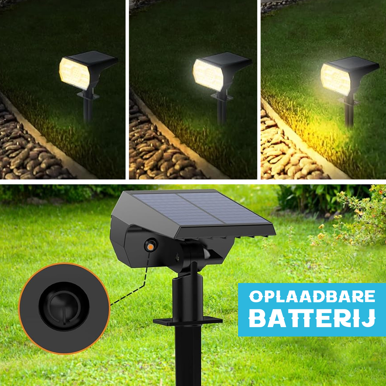 Drei Lichter in verschiedenen Modi, ein Solarpanel mit Akku. Die Lichter sind auf grünem Gras.