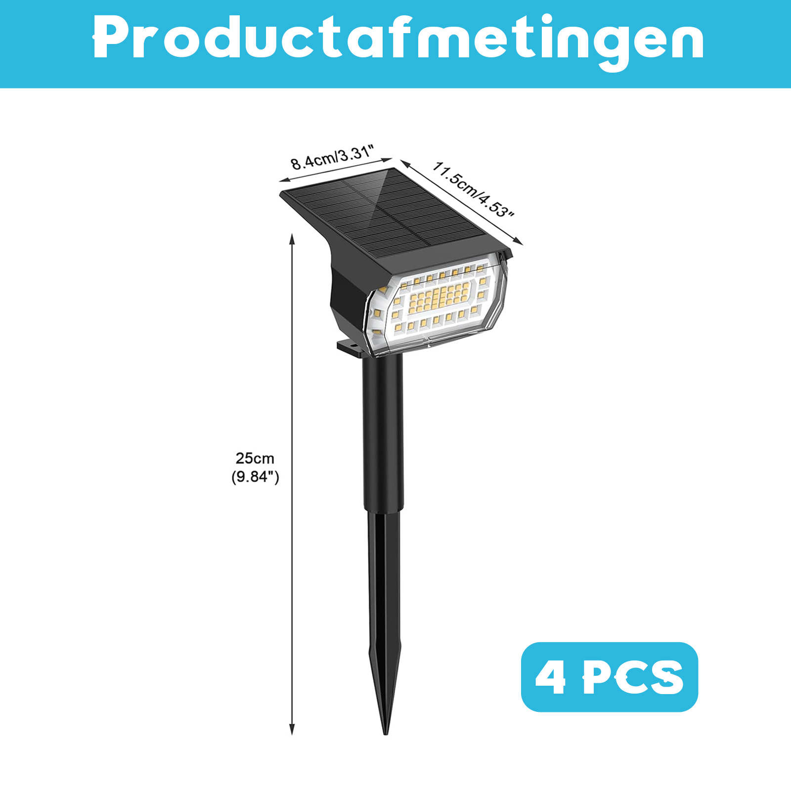 Solarlicht mit Abmessungen. Es hat ein Panel und einen Spike. Weißer Hintergrund.