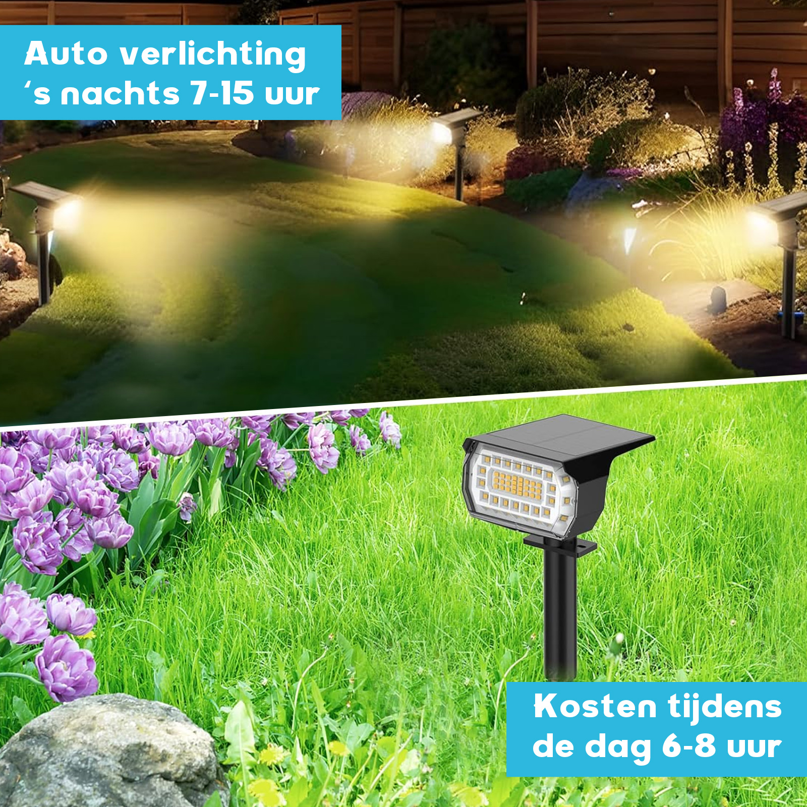 Solarleuchten bei Nacht und Tag. Nahaufnahme der Leuchte und Gartenansicht.