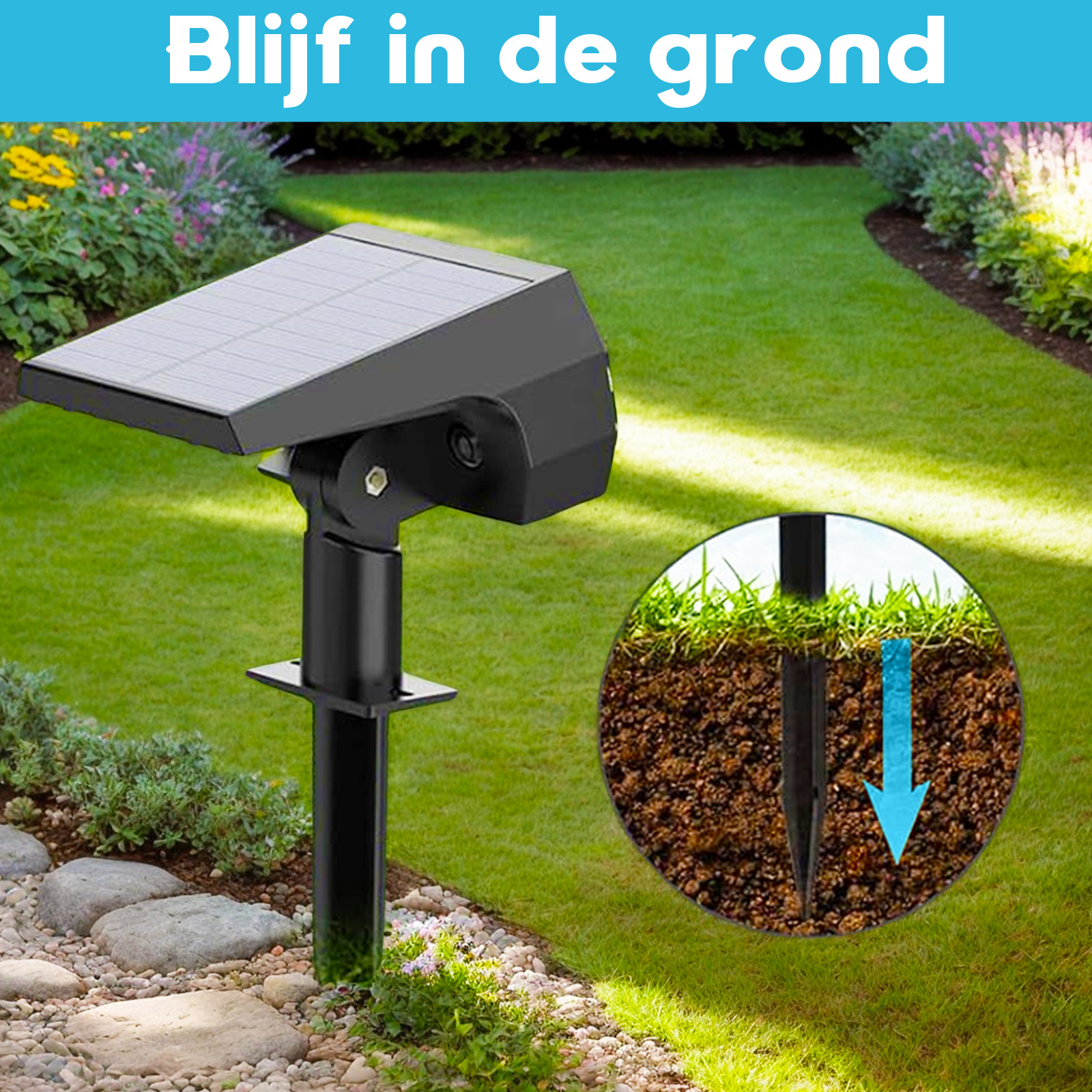 Solarbetriebene Gartenleuchte im Gras. Nahaufnahme zeigt Pfahl und Boden.
