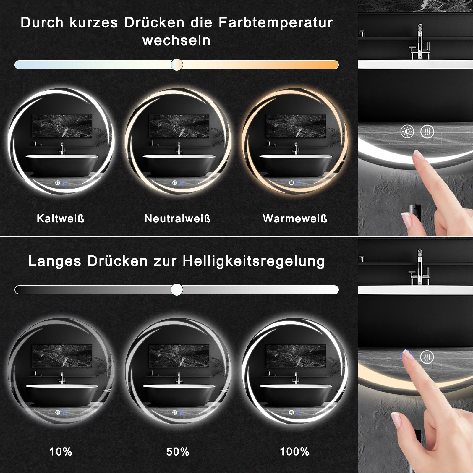 Bilder eines Spiegels mit unterschiedlichen Farbtemperaturen und Helligkeitsstufen.