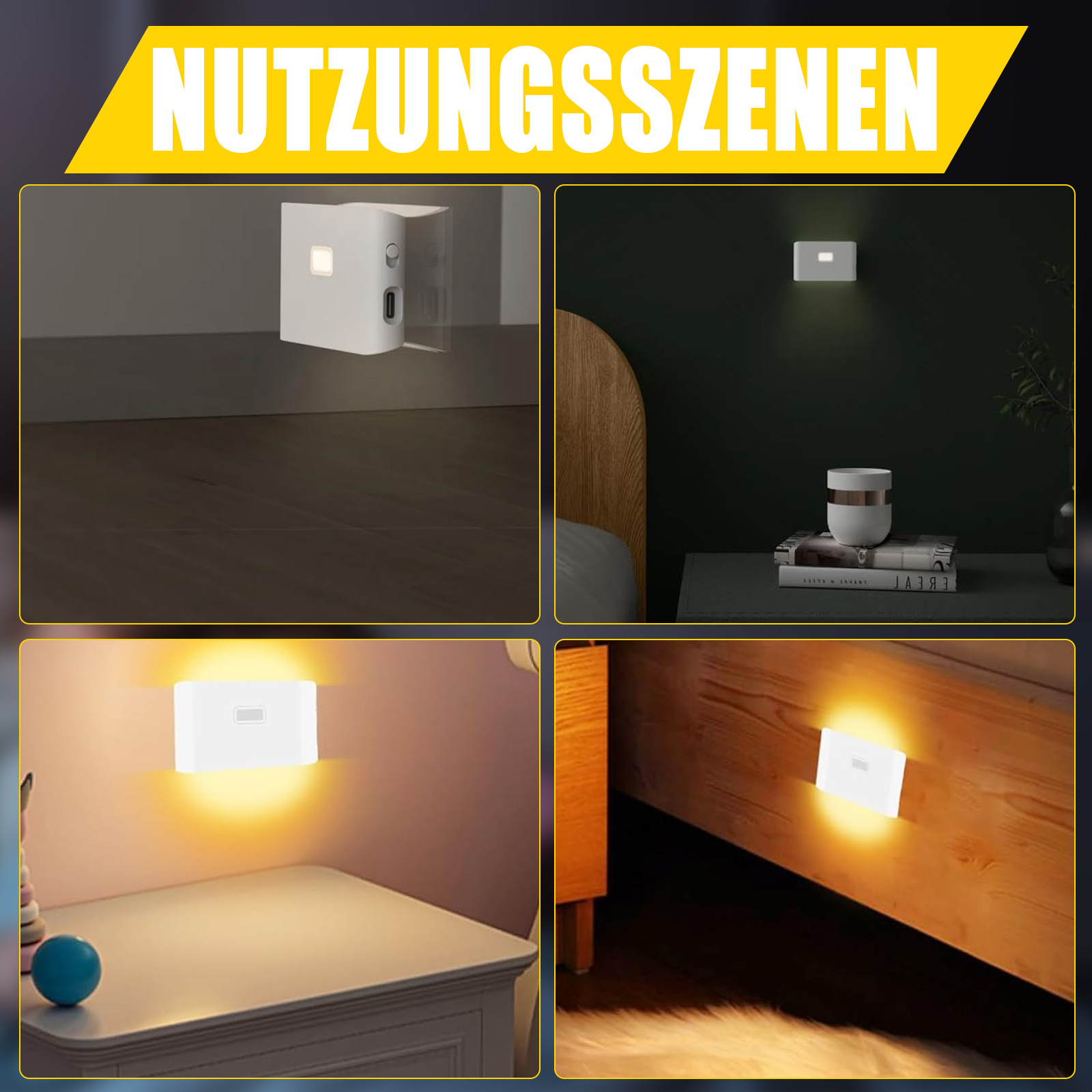 Vier Szenen eines weißen Lichts, das in verschiedenen Umgebungen verwendet wird. Text oben.