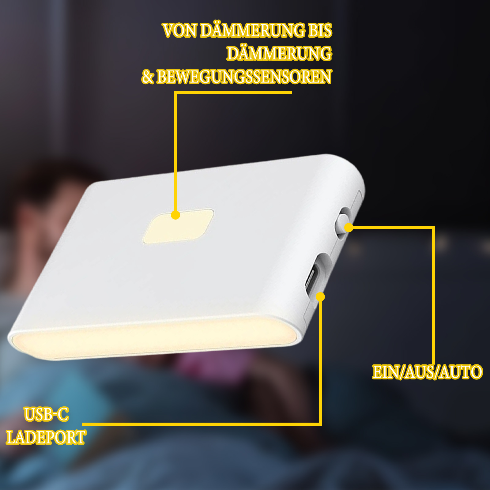 Weißes Gerät mit Licht, Knopf und USB-C-Anschluss, beschriftet mit Text vor verschwommenem Hintergrund.