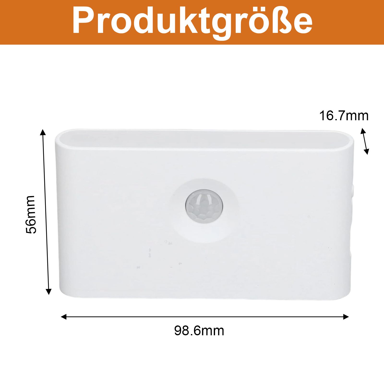 Weißes Gerät mit Abmessungen: 56 mm Höhe, 98,6 mm Breite und 16,7 mm Dicke.