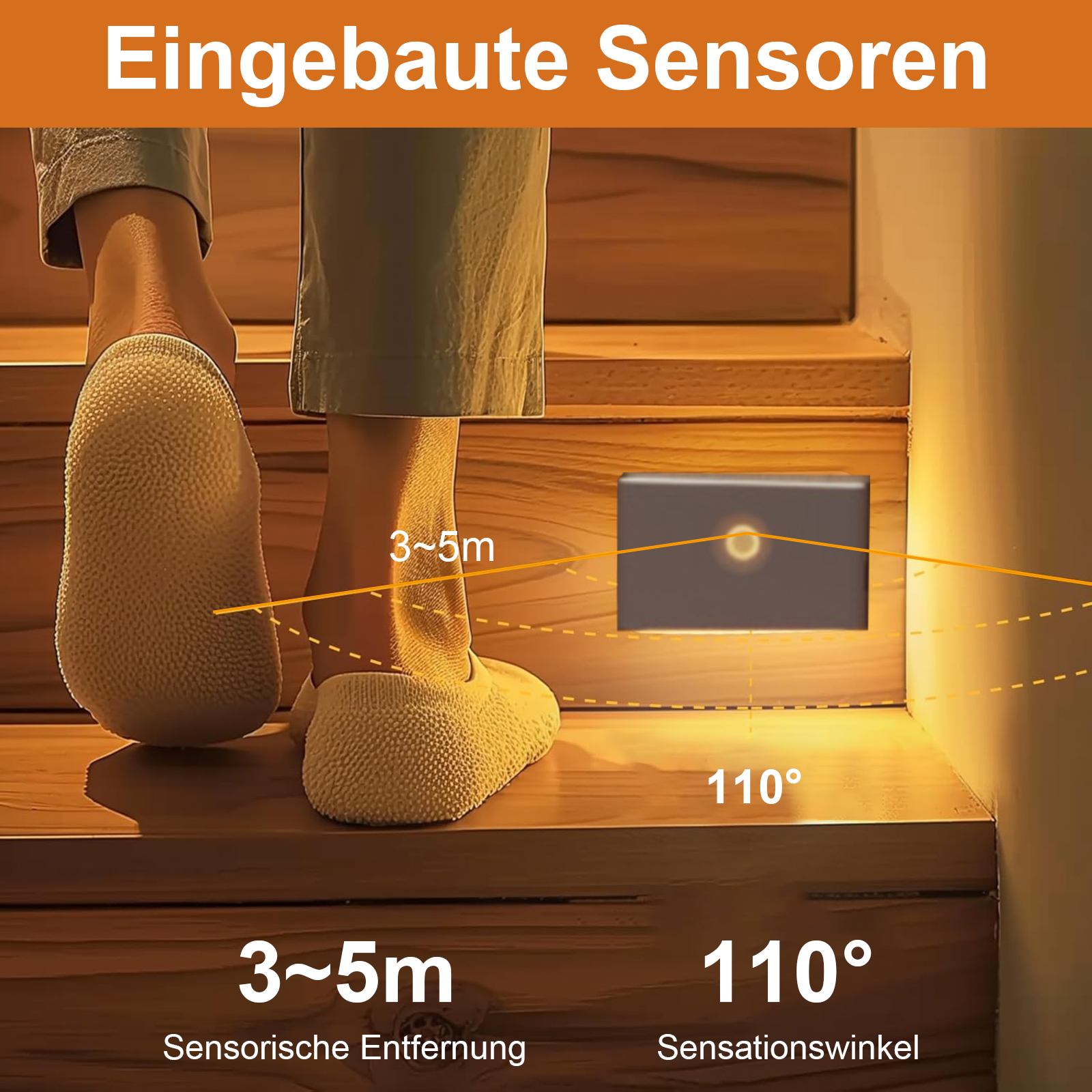 Fußspuren auf Treppen mit Licht. Das Licht hat einen 110° Erkennungswinkel und 3-5m Reichweite.