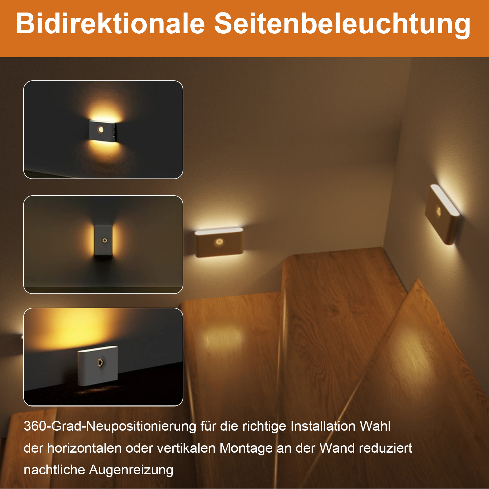 Nachtlichter auf einer Treppe. Drei Bilder zeigen verschiedene Lichtrichtungen, mit Text zur Installation.