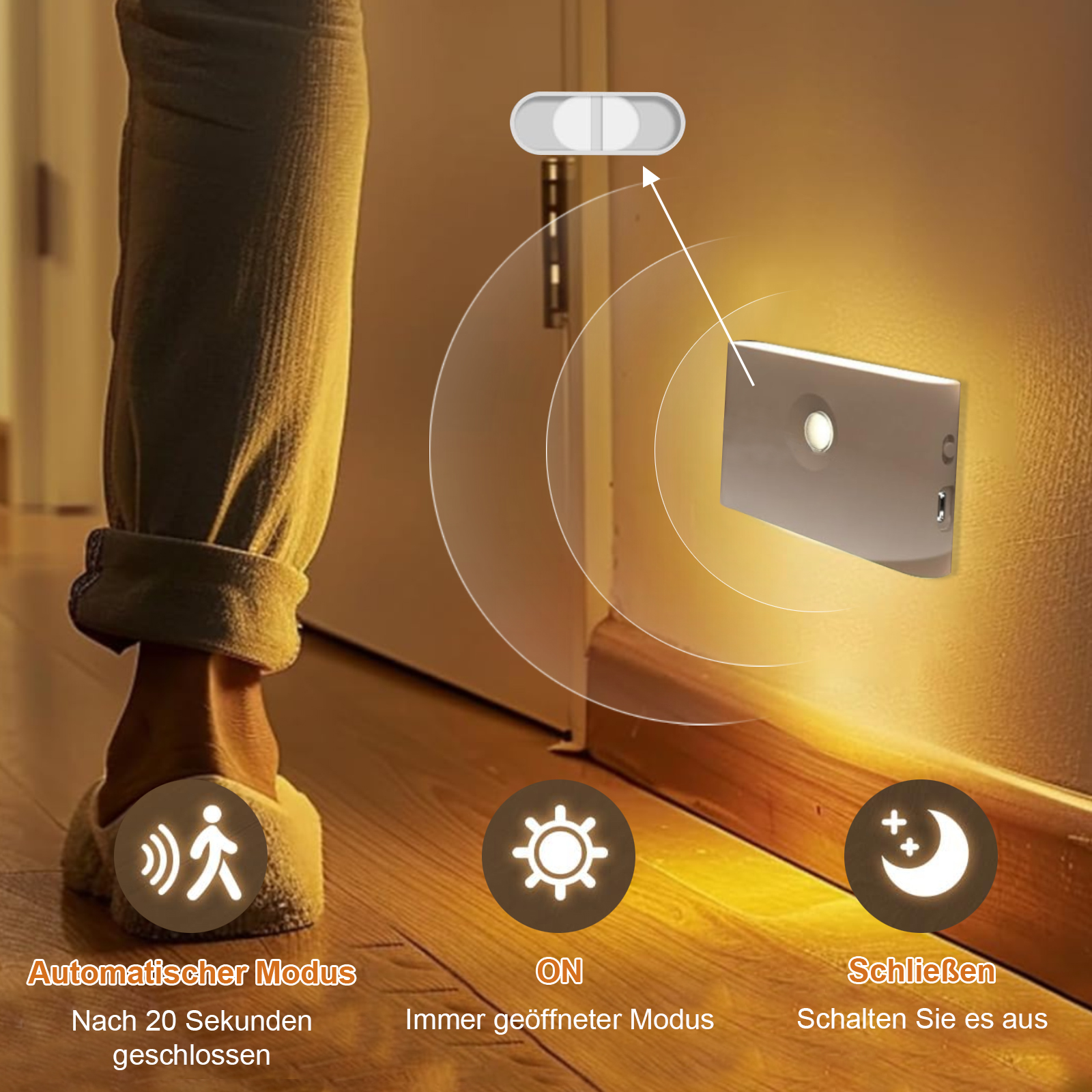 Die Füße einer Person mit Hausschuhen, ein Einschalter und drei Symbole mit Text: Automatikmodus, Ein und Aus.