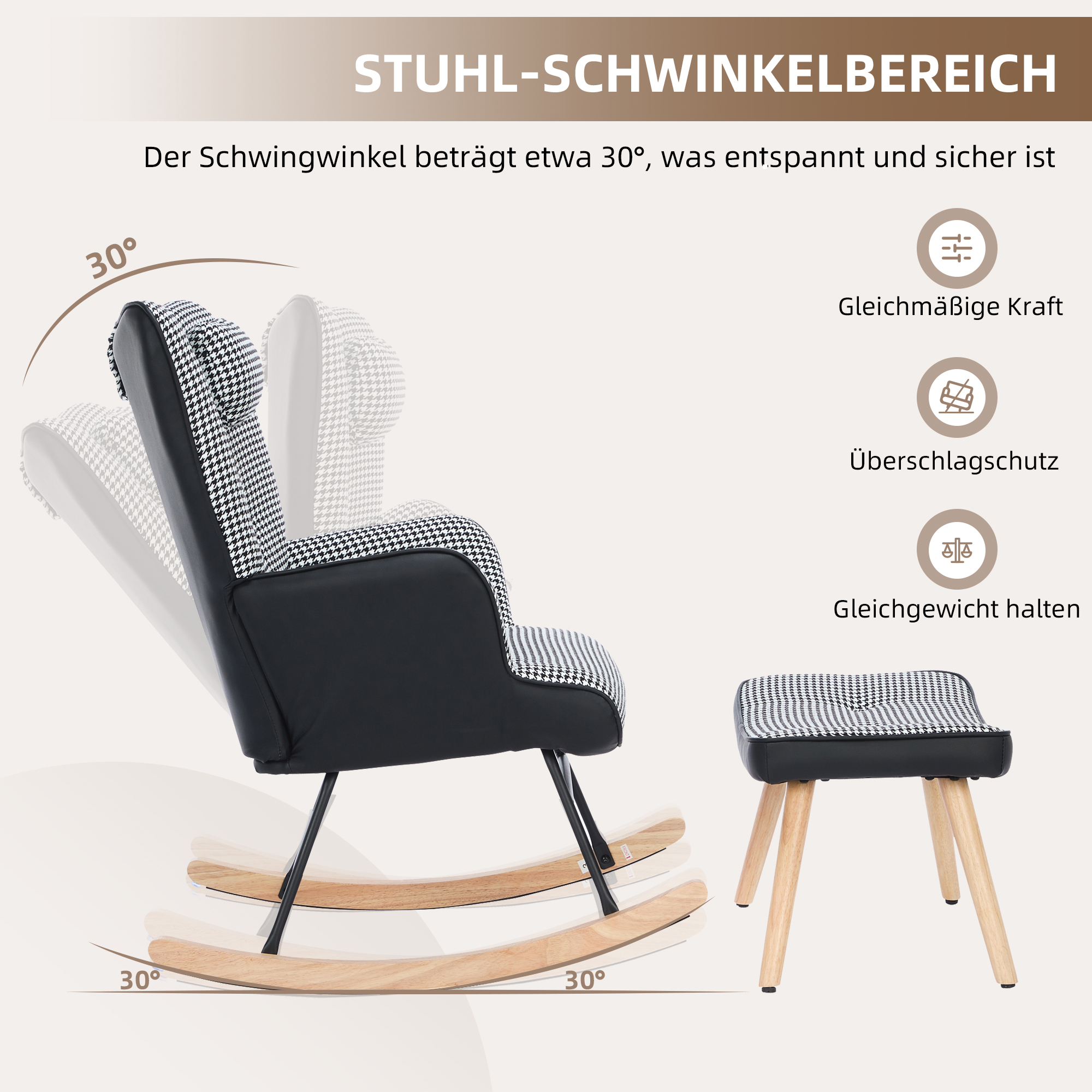 Ein Schaukelstuhl mit Hocker. Der Stuhl hat ein schwarz-weißes Muster. Stuhl und Hocker haben 30-Grad-Winkel.
