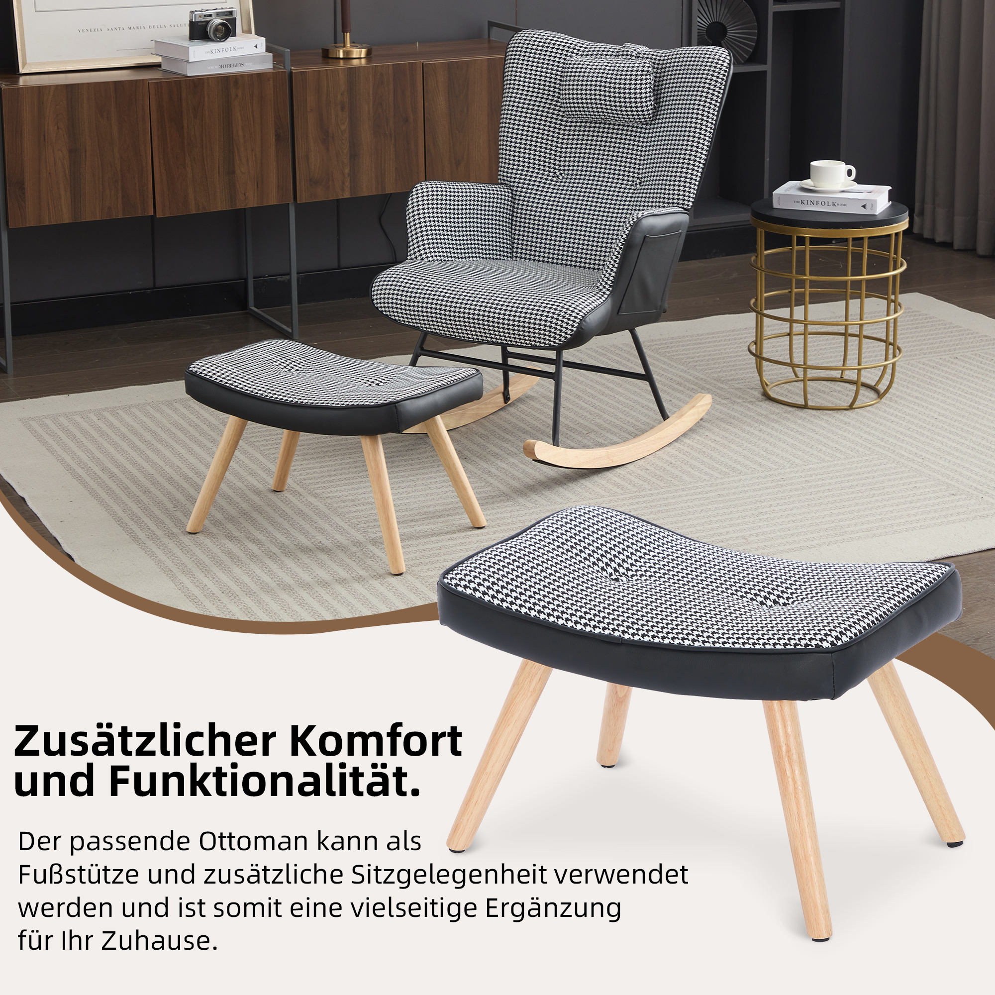 Ein Schaukelstuhl und ein passender Hocker. Der Stuhl und der Hocker sind in einem schwarz-weißen Muster.