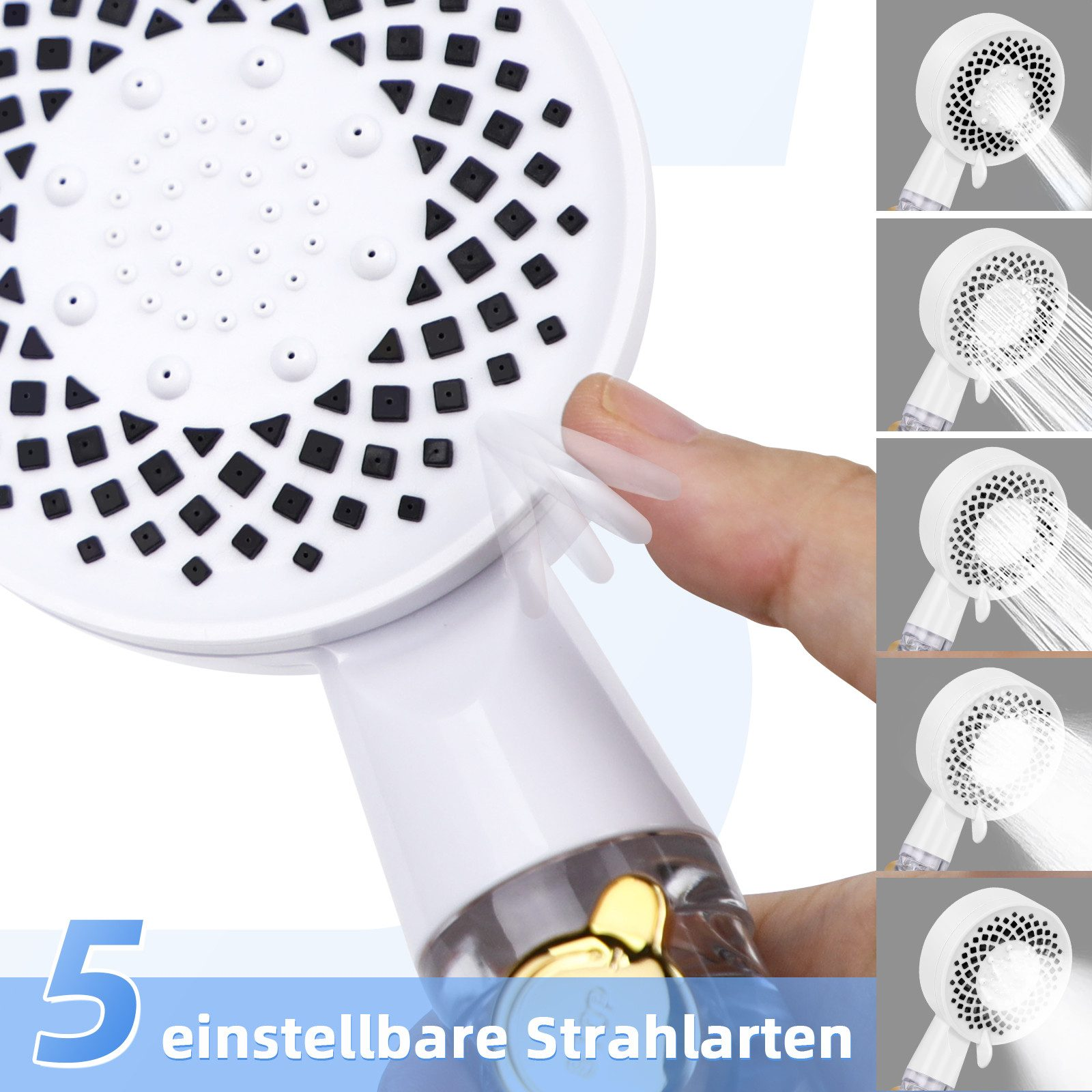 Ein Duschkopf mit verschiedenen Sprüheinstellungen, mit einer Hand, die eine Einstellung.