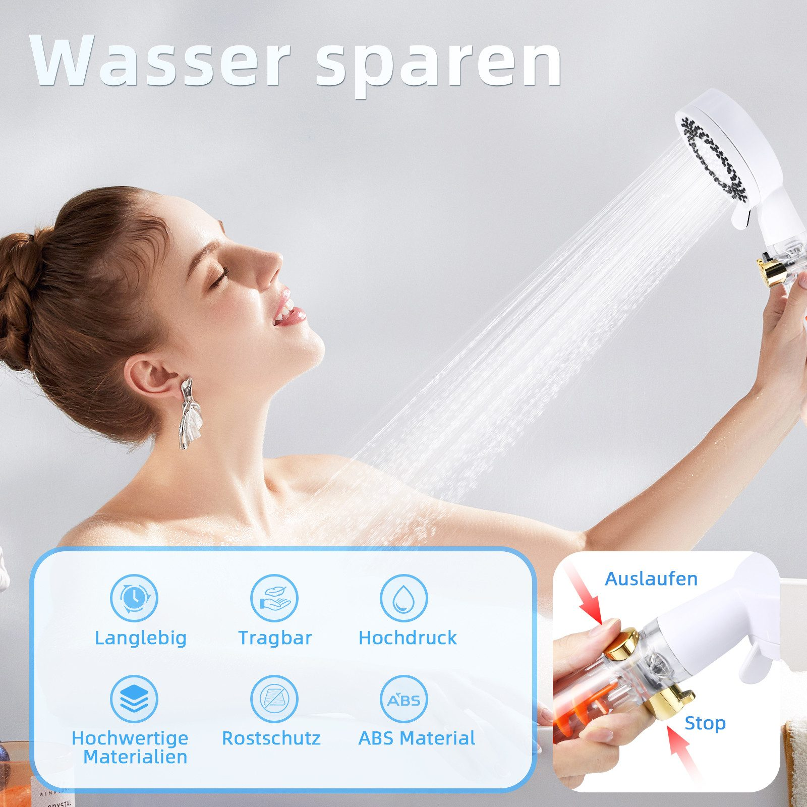 Eine Frau duscht, mit Text zum Wassersparen und Funktionen eines Duschkopfs.