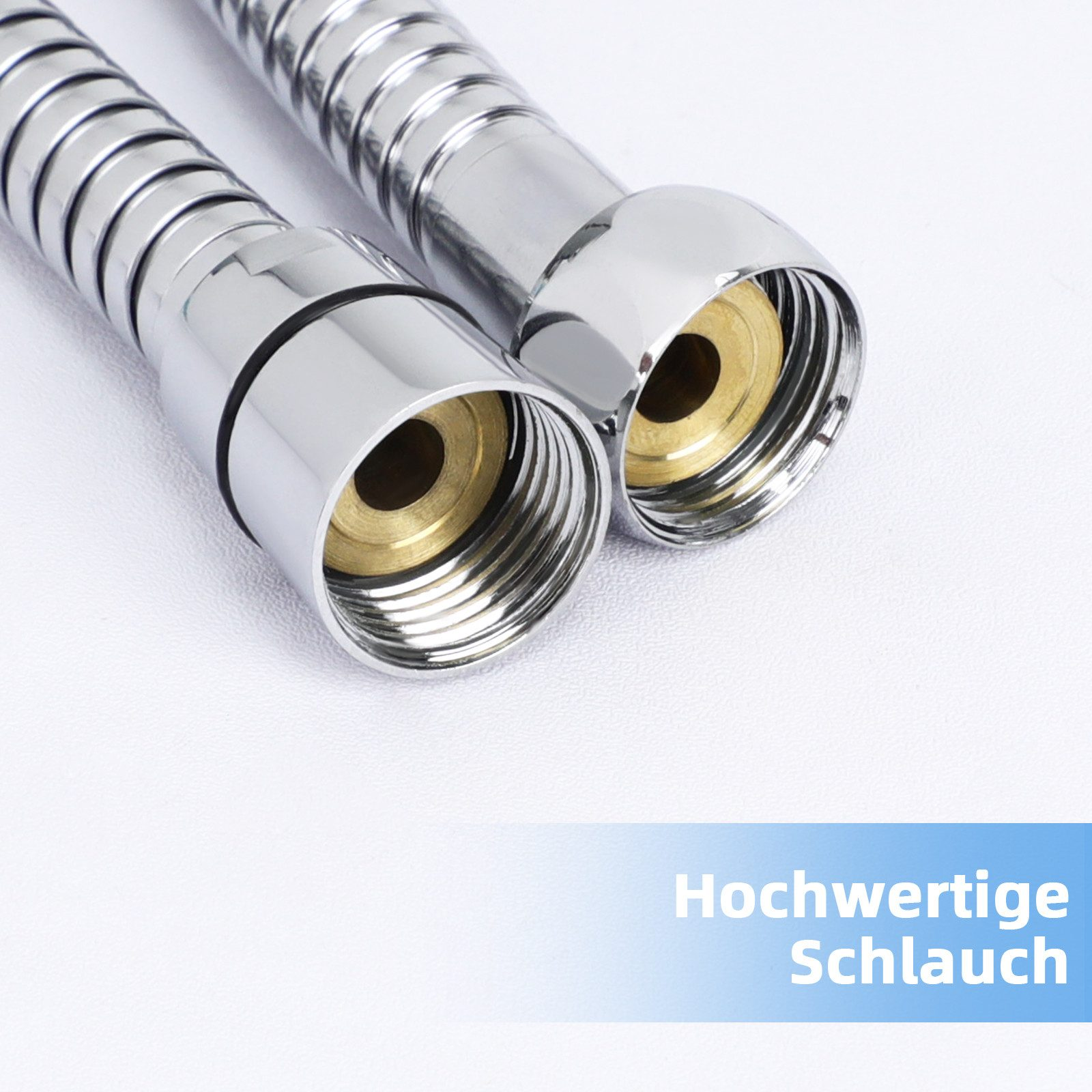 Zwei gl änzende, chromfarbene Duschschläuche mit Gewindeenden auf weißem Hintergrund.