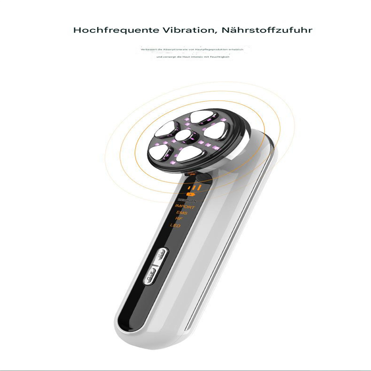 Handheld-Gesichtsgerät mit mehreren Lichteinstellungen, weißes und schwarzes Design, auf weißem Hintergrund.