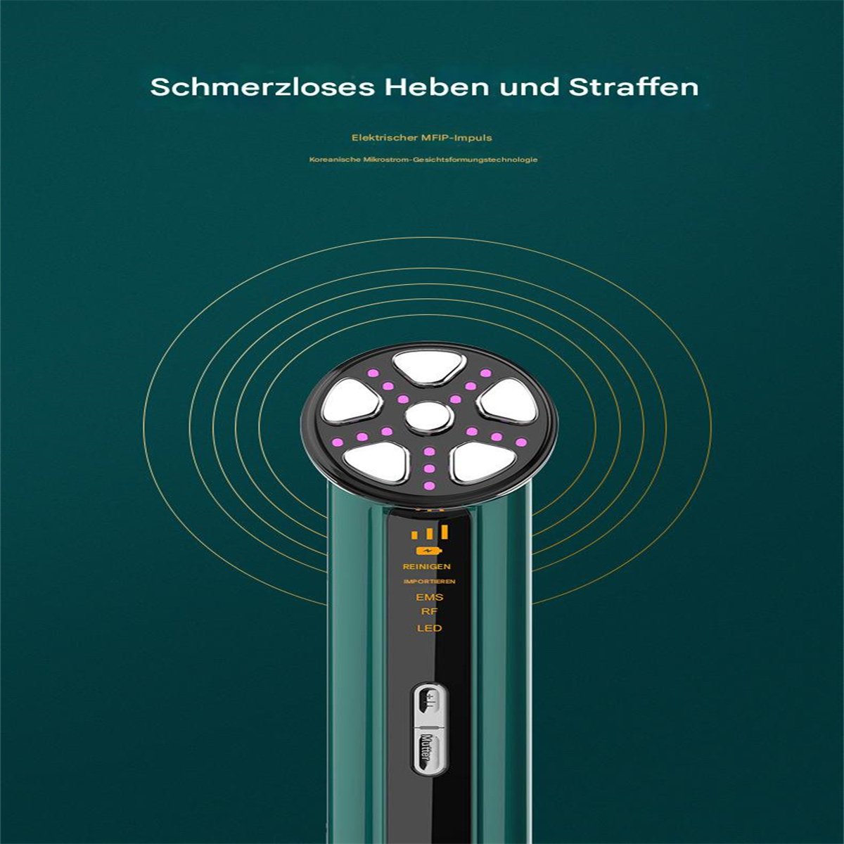 Gesichtsgerät mit mehreren Lichteinstellungen auf grünem Hintergrund, zeigt ein Hautpflegekonzept.