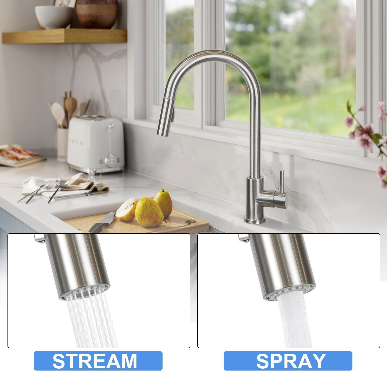 Ein Küchenhahn mit Strahl- und Sprühoptionen. Wasser wird in beiden Modi gezeigt.