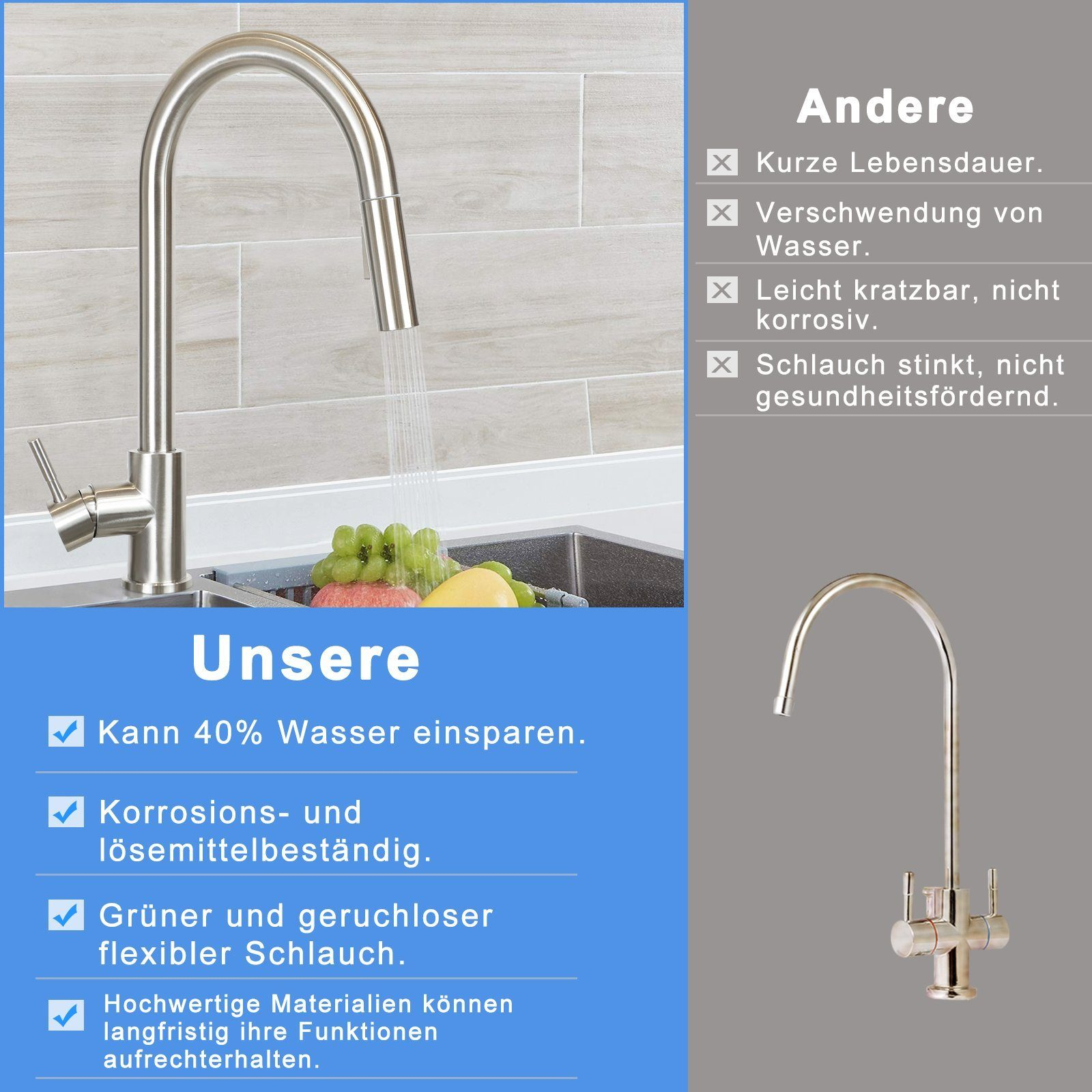 Ein verchromter Wasserhahn mit angebrachtem ausziehbaren Sprühschlauch. Text mit Produkteigenschaften.
