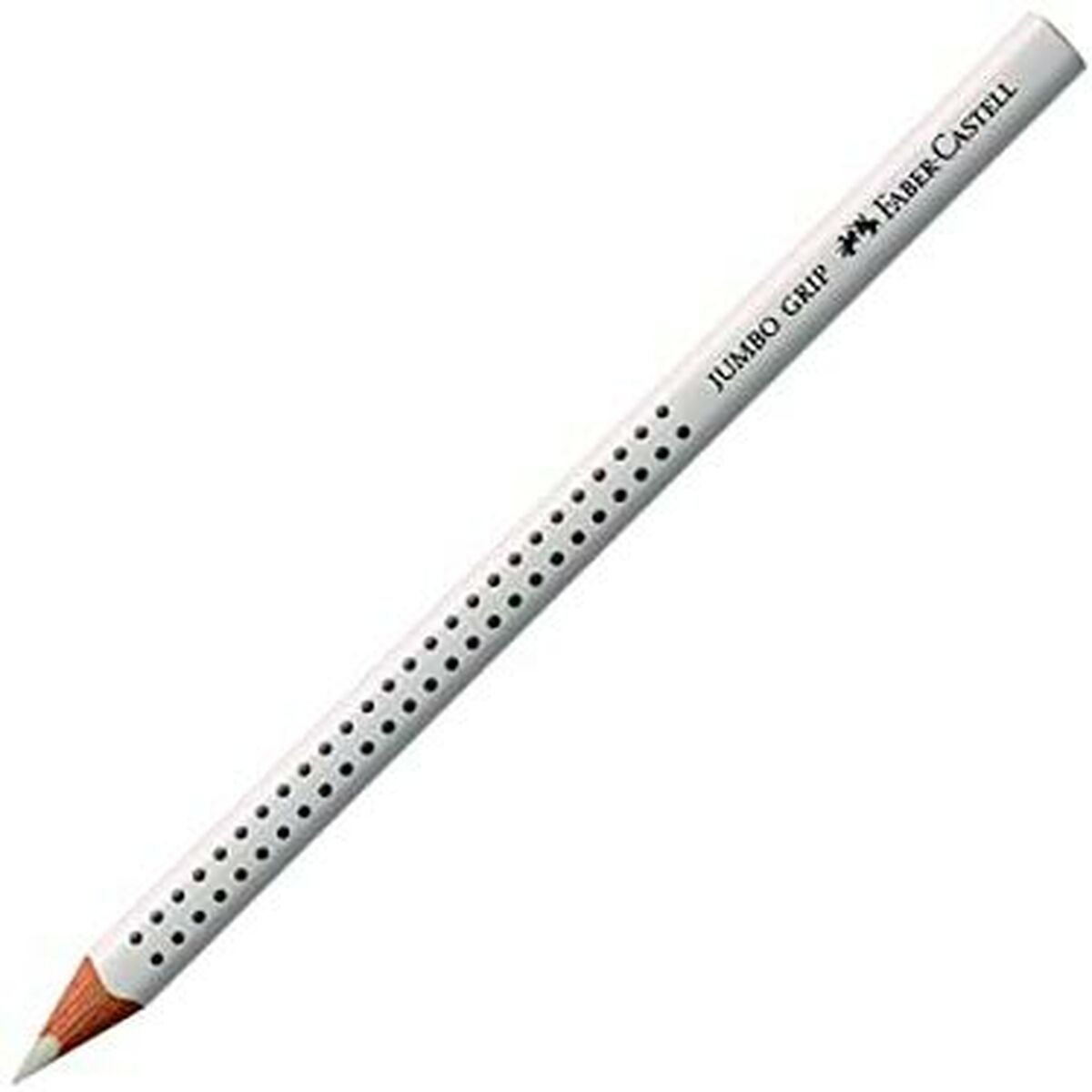 Ein weißer Jumbo Grip-Bleistift mit schwarzen Punkten für den Griff und dem Text 'JUMBO GRIP FABER-CASTELL'.