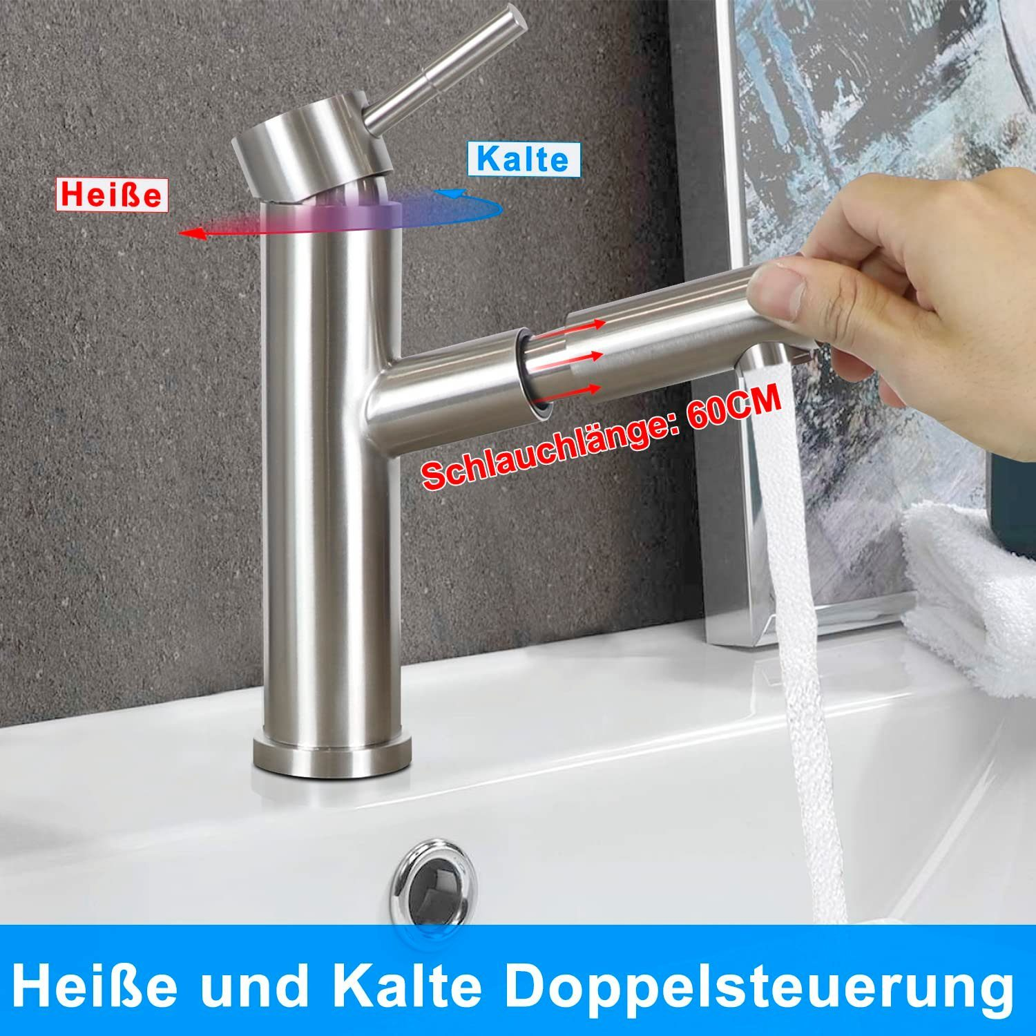Moderner Wasserhahn mit Warm- und Kaltwassersteuerung, 60 cm Schlauchlänge.