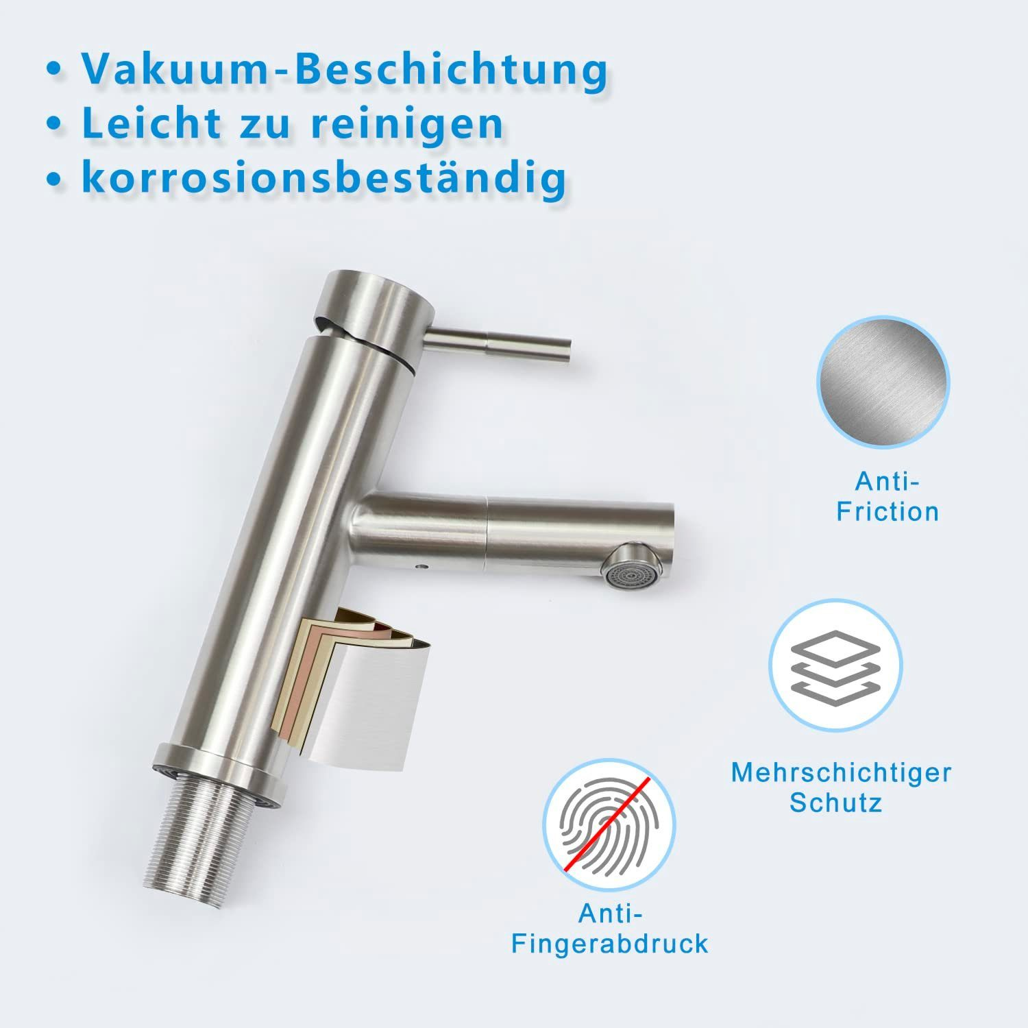 Edelstahlarmatur mit Eigenschaften. Es zeigt Anti-Reibung, Mehrschichtschutz und Anti-Fingerabdruck.