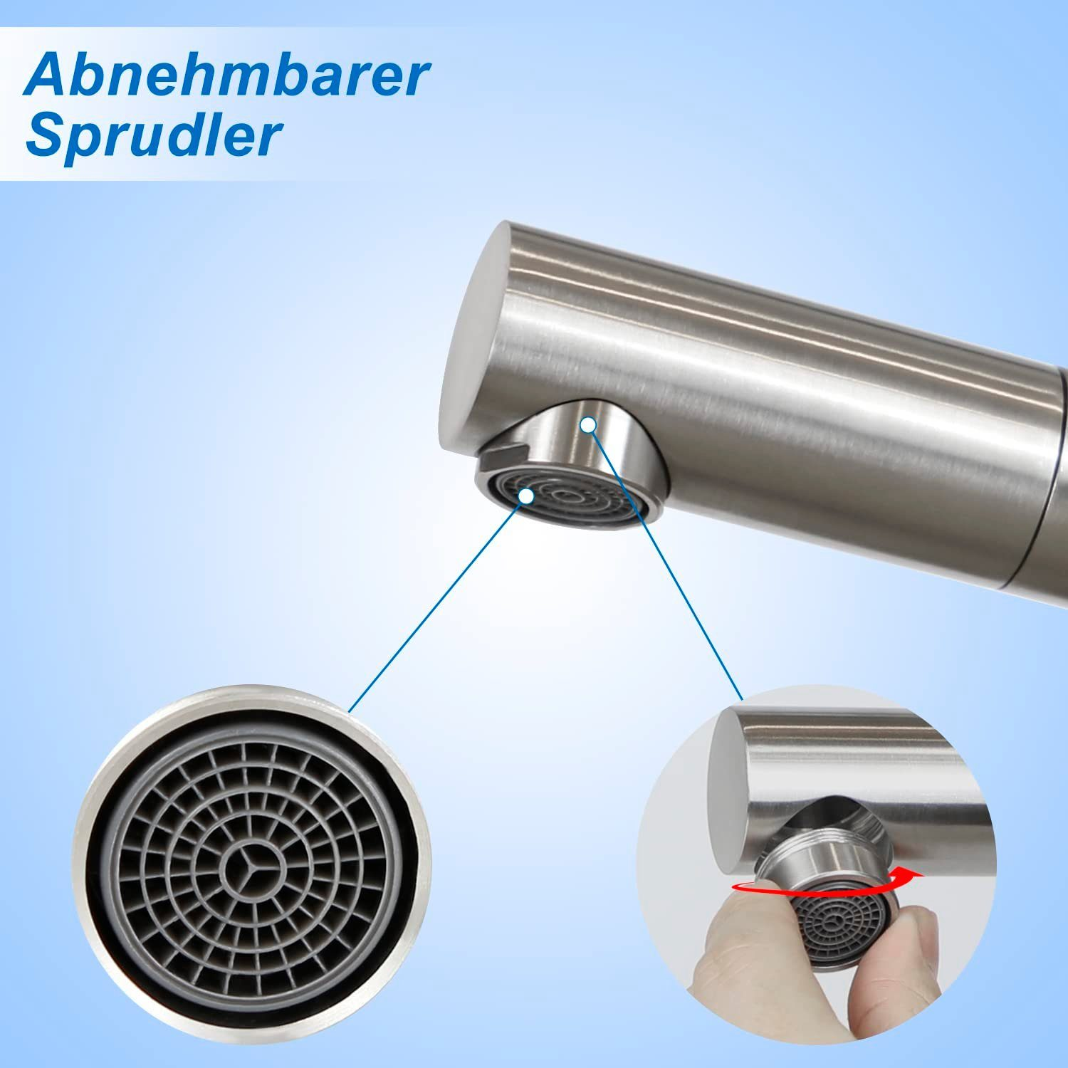 Nahaufnahme eines Wasserhahnbelüfters, der seine Teile und den Namen 'Ablösbarer Sprudler' zeigt.