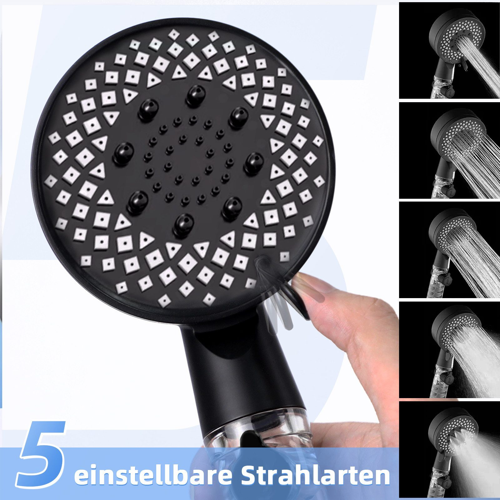 Ein schwarzer Duschkopf mit einstellbaren Strahlarten. Eine Hand stellt die Einstellungen ein.