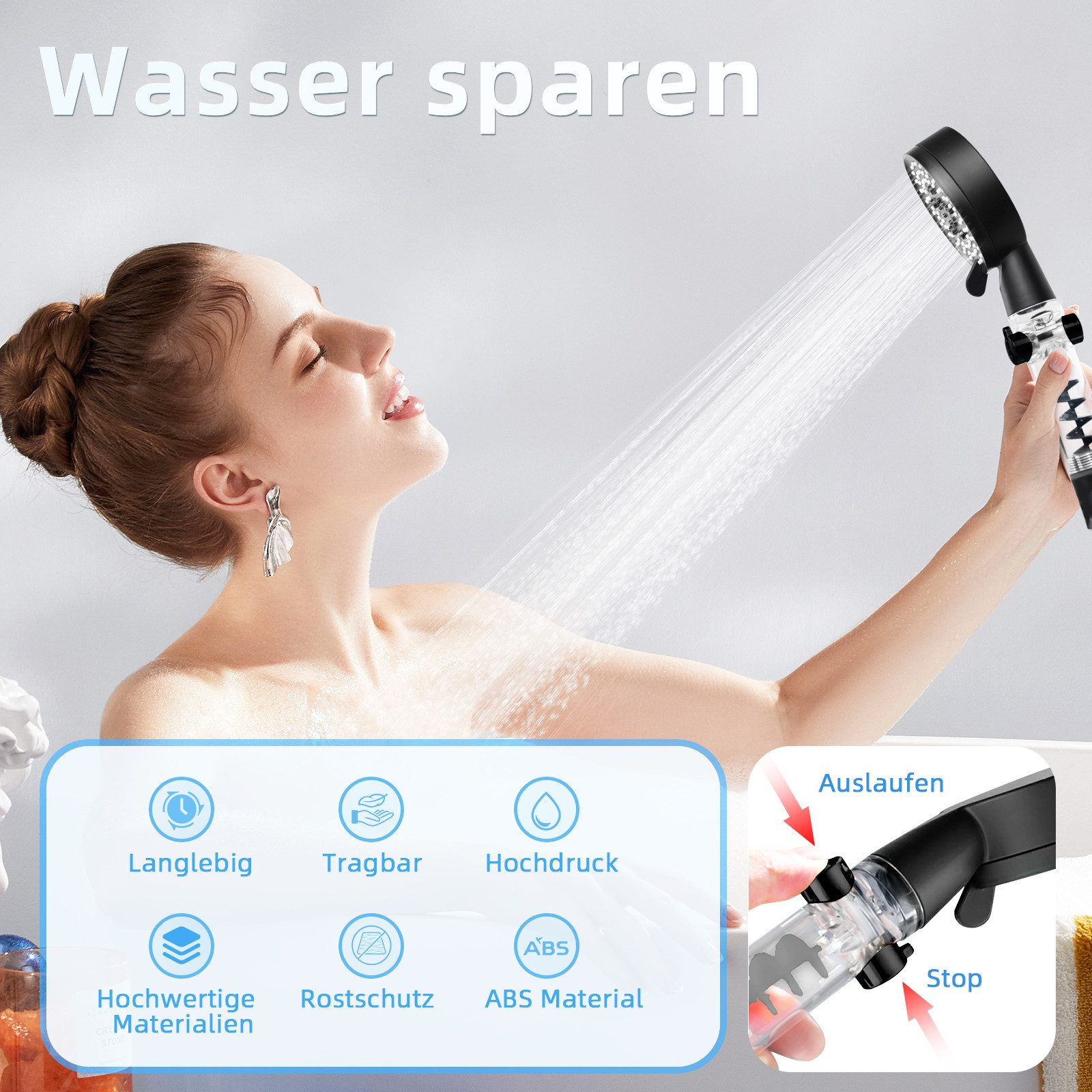 Eine Frau duscht, mit einem Duschkopf und Vorteilen. Der Duschkopf sprüht Wasser.