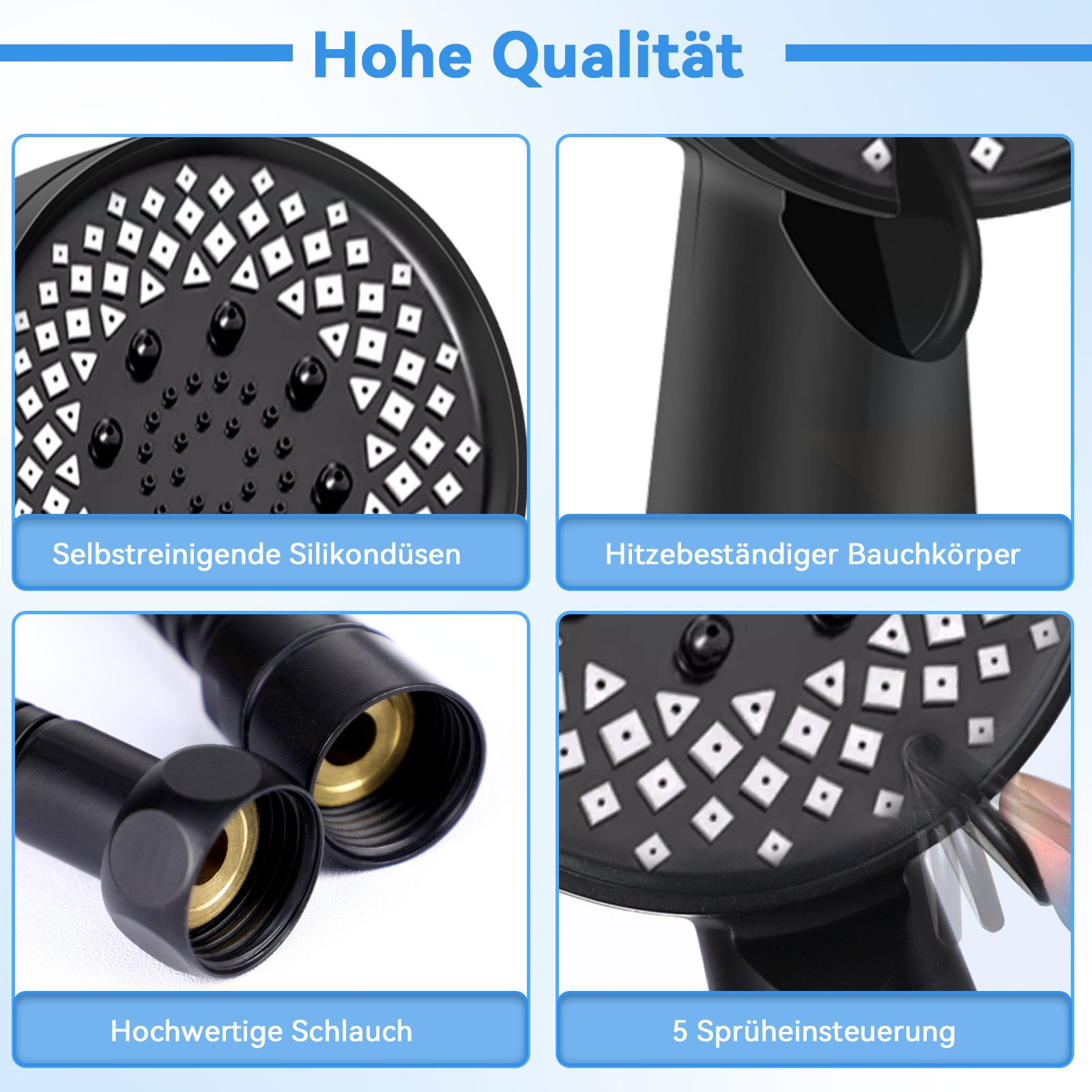 Nahaufnahmen eines schwarzen Duschkopfs, die selbstreinigende Düsen und andere Merkmale zeigen.
