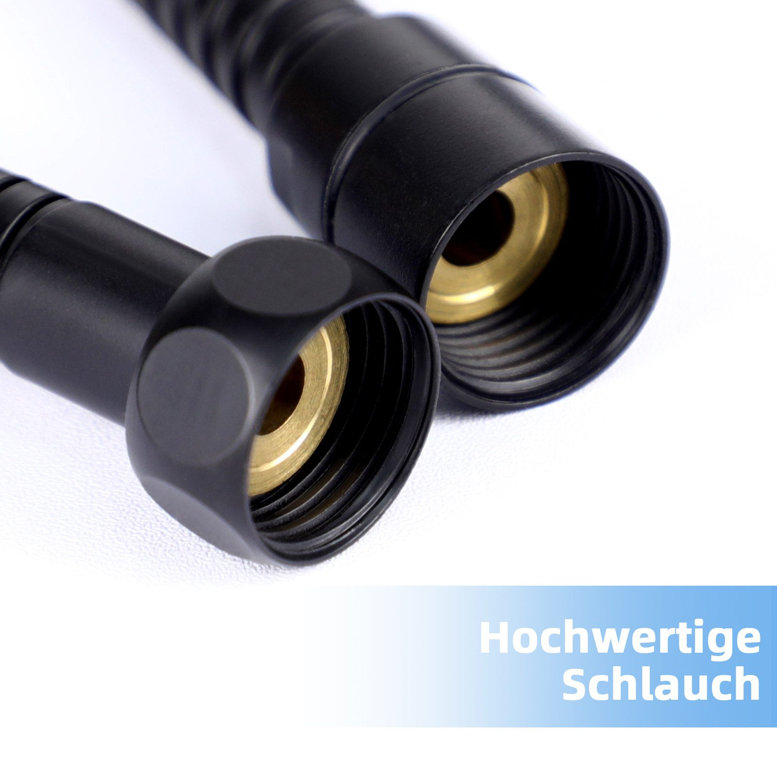 Nahaufnahme von zwei Schlauchverbindern. Sie sind schwarz mit goldfarbenen Anschlusspunkten.