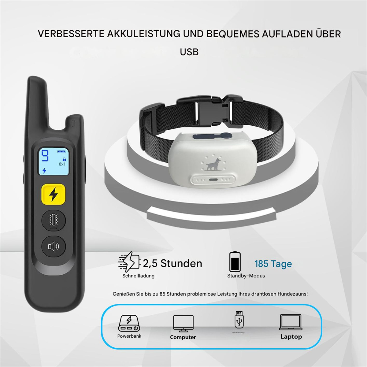 Hundetrainingshalsband mit Fernbedienung. Merkmale sind schnelles Aufladen, langer Standby und USB-Aufladung.